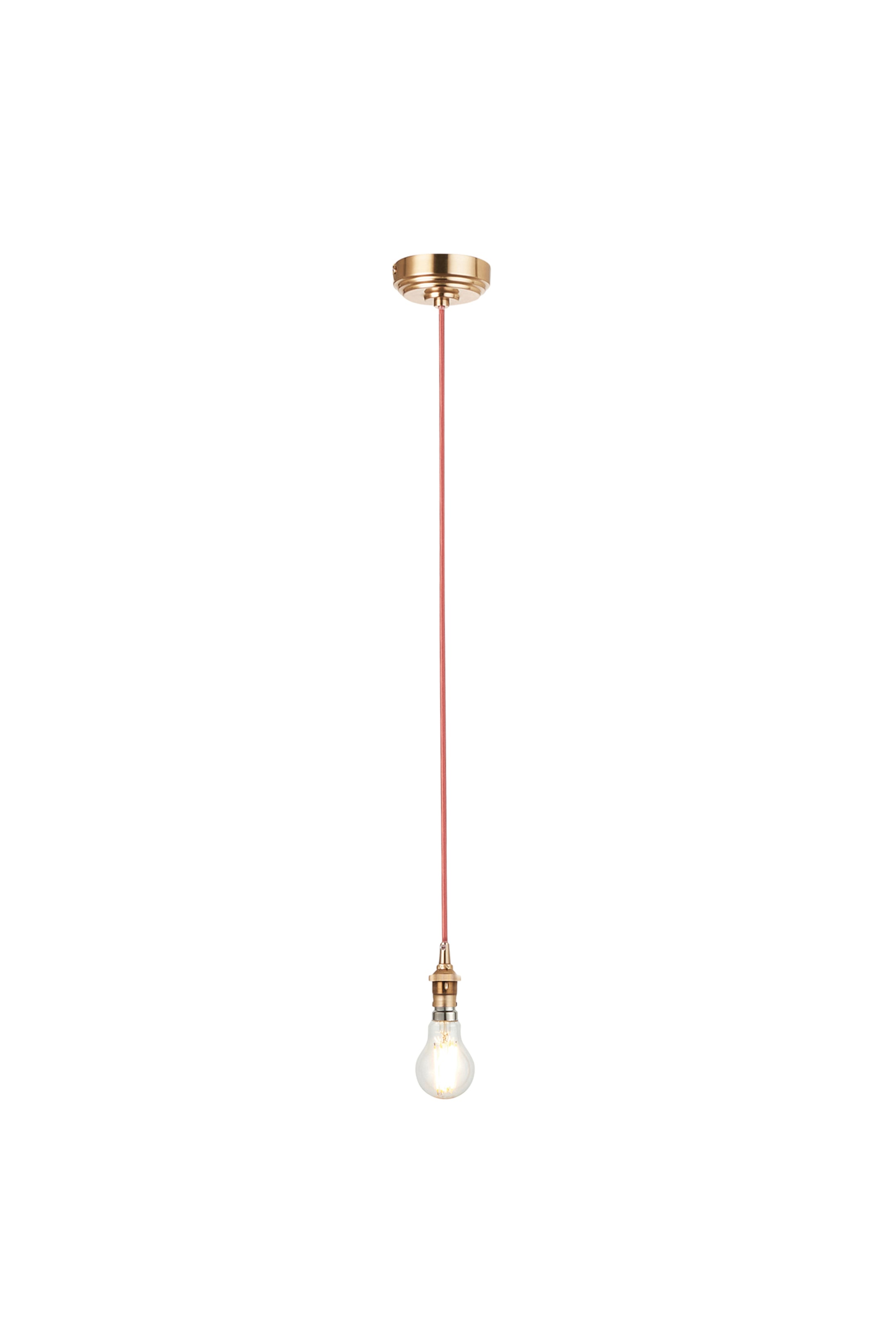 View larger image: Pendant light fitting featuring a brass ceiling rose, a pink fabric-covered electrical cord, a brass lamp holder, and a clear, illuminated light bulb. It is suspended vertically.