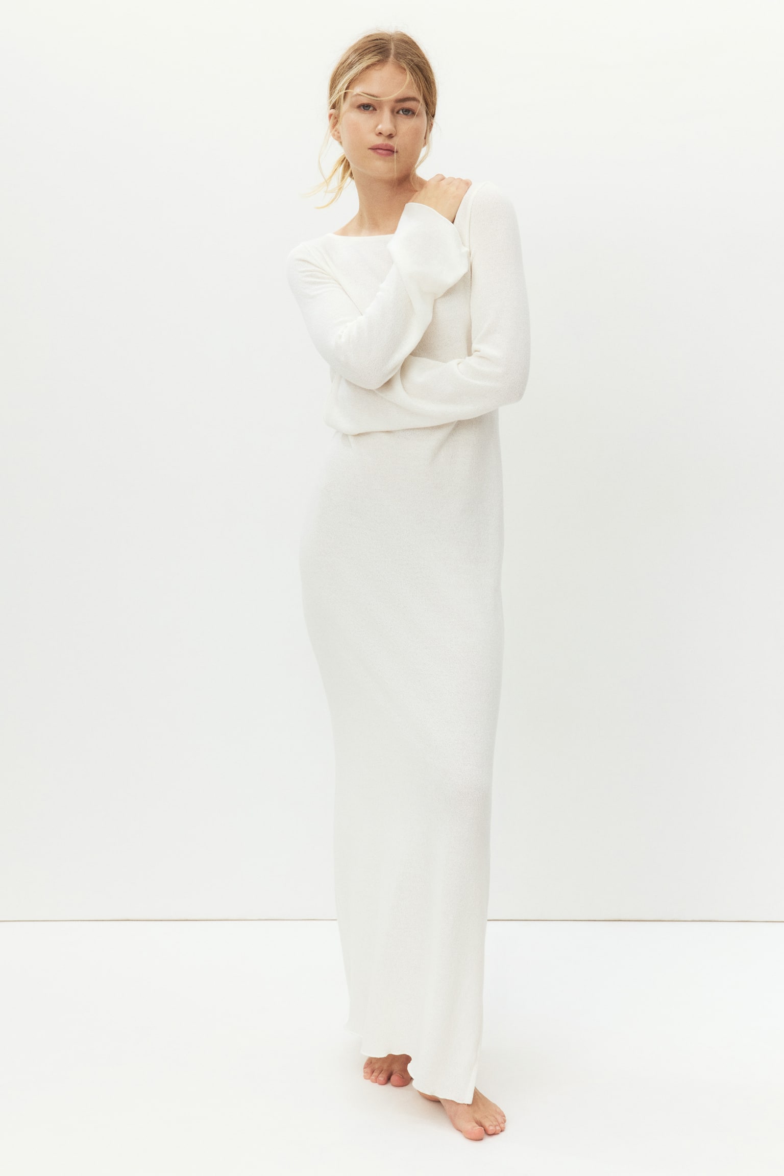Fine-knit boat-neck dress-White - 3