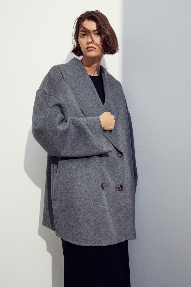 Oversized wool-blend coat - Dark grey marl/Camel - 2