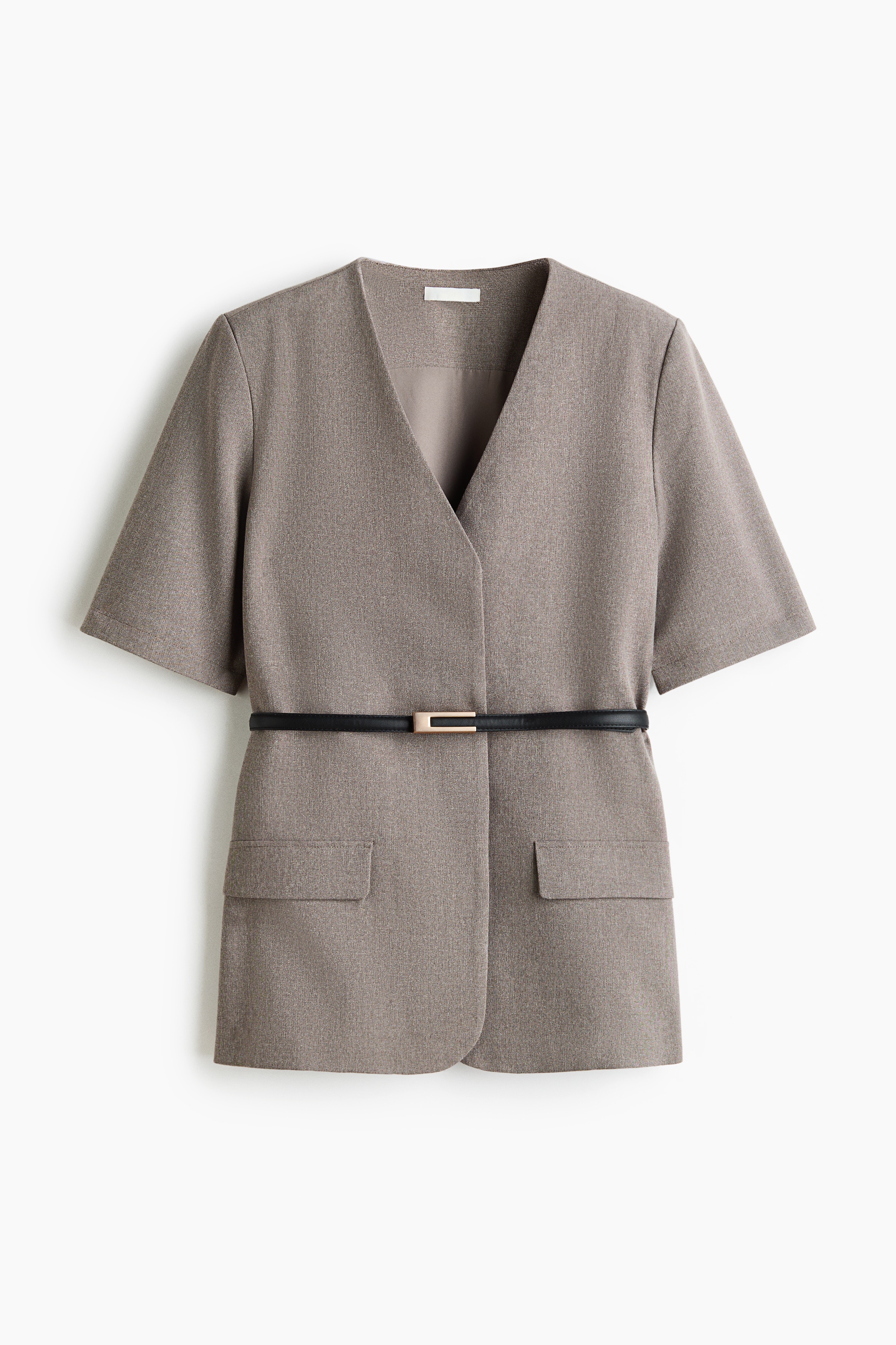 H&m Belted Short-sleeved Blazer In Gray