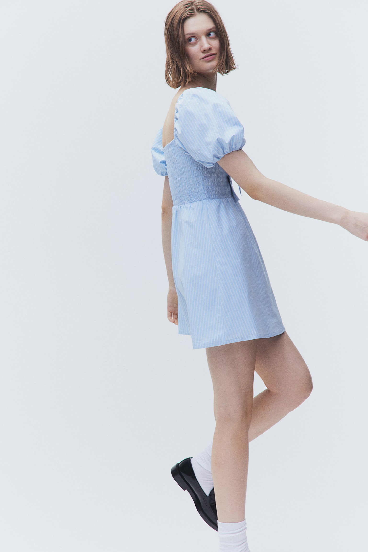 Bow Detail Puff Sleeve Dress - Light blue/Stripe/Cream/Black - 5