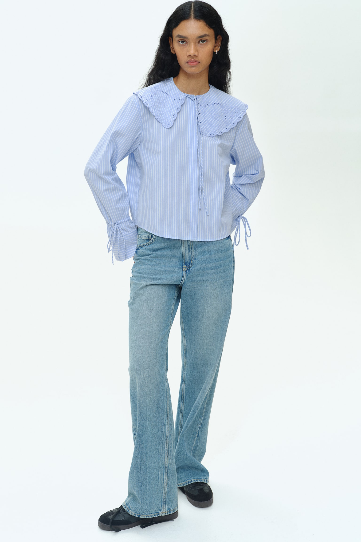 Broderie anglaise-detail poplin blouse - Light blue/Striped/White - 3