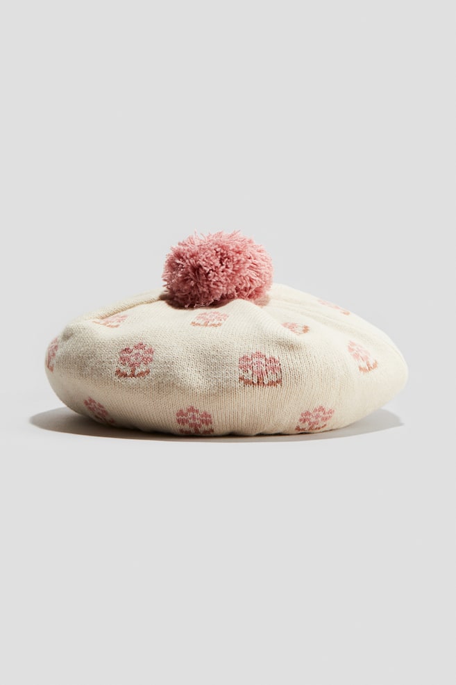 Jacquard-knit beret - Light beige/Floral - 1