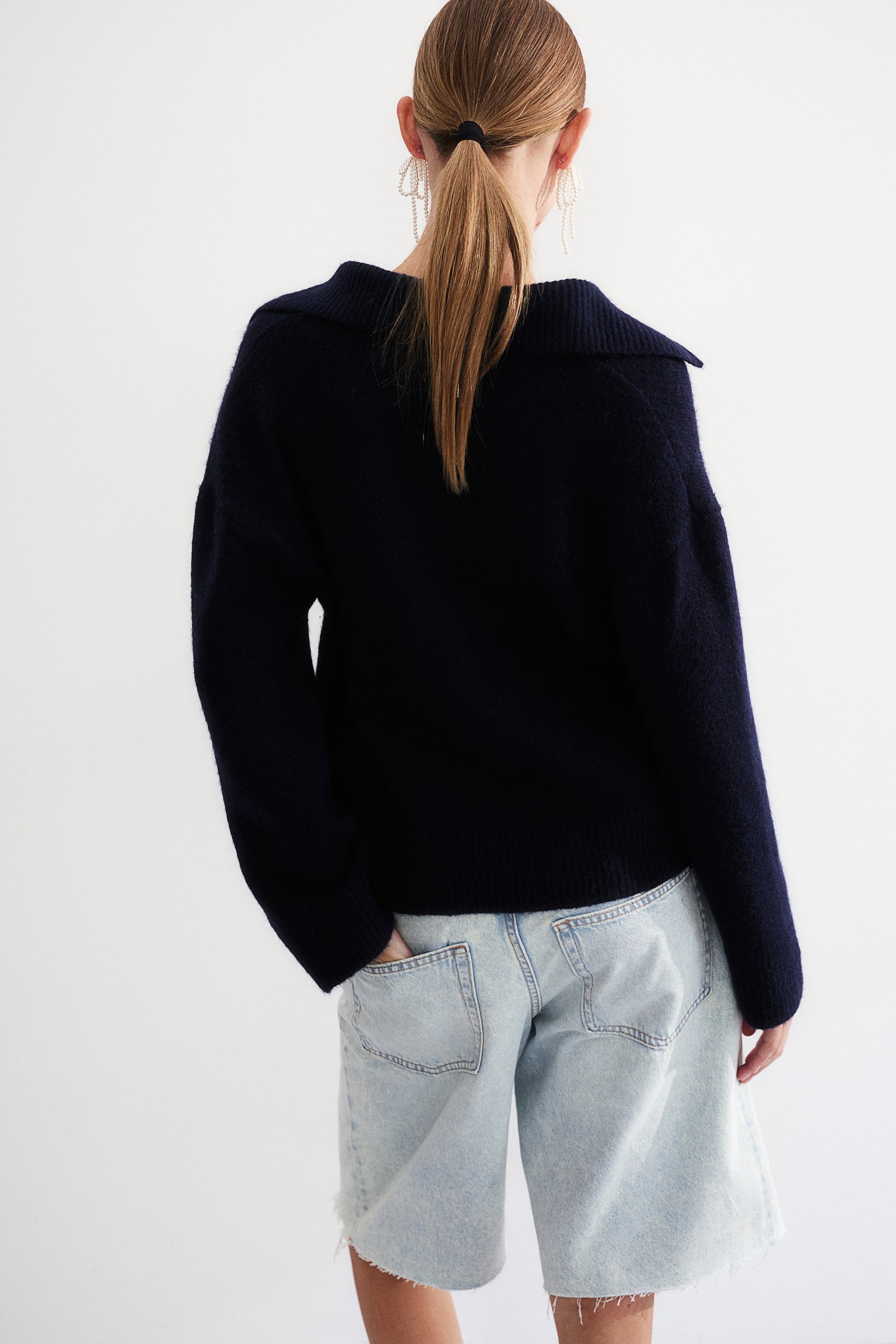 Collared fine-knit jumper - Navy blue/Grey marl/Cream/Brown marl - 3