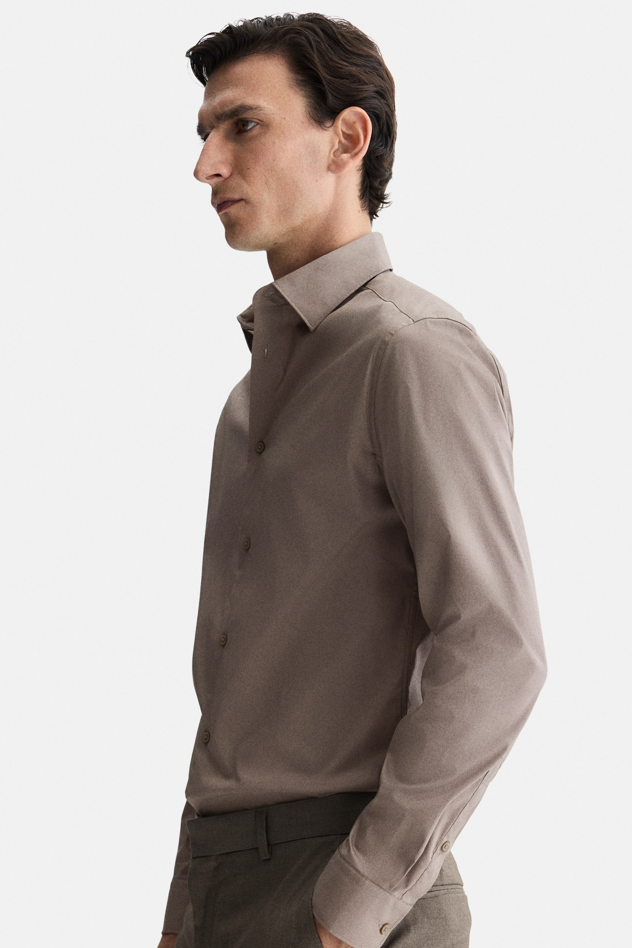View larger image: Slim-Fit Stretch Shirt - Dark beige - Men | H&M US 4