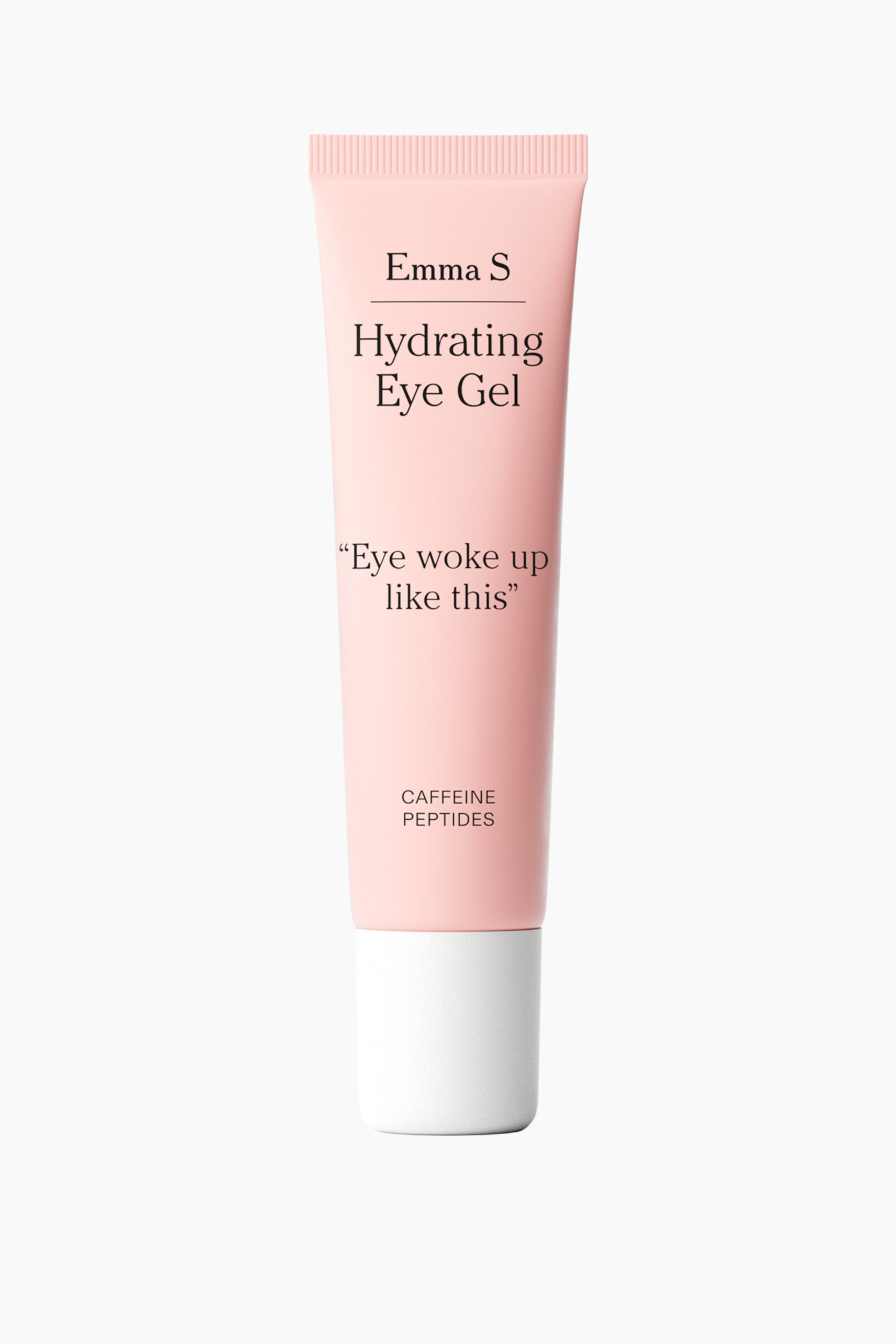 Visa större bild: En Emma S Hydrating Eye Gel är en ljusrosa klämtub med räfflad toppförslutning och vitt lock, stående med framsidan mot kameran. Tuben visar varumärkesnamnet 'Emma S', 'Hydrating Eye Gel', frasen 'Eye woke up like this' och 'Caffeine Peptides' i mörk text.