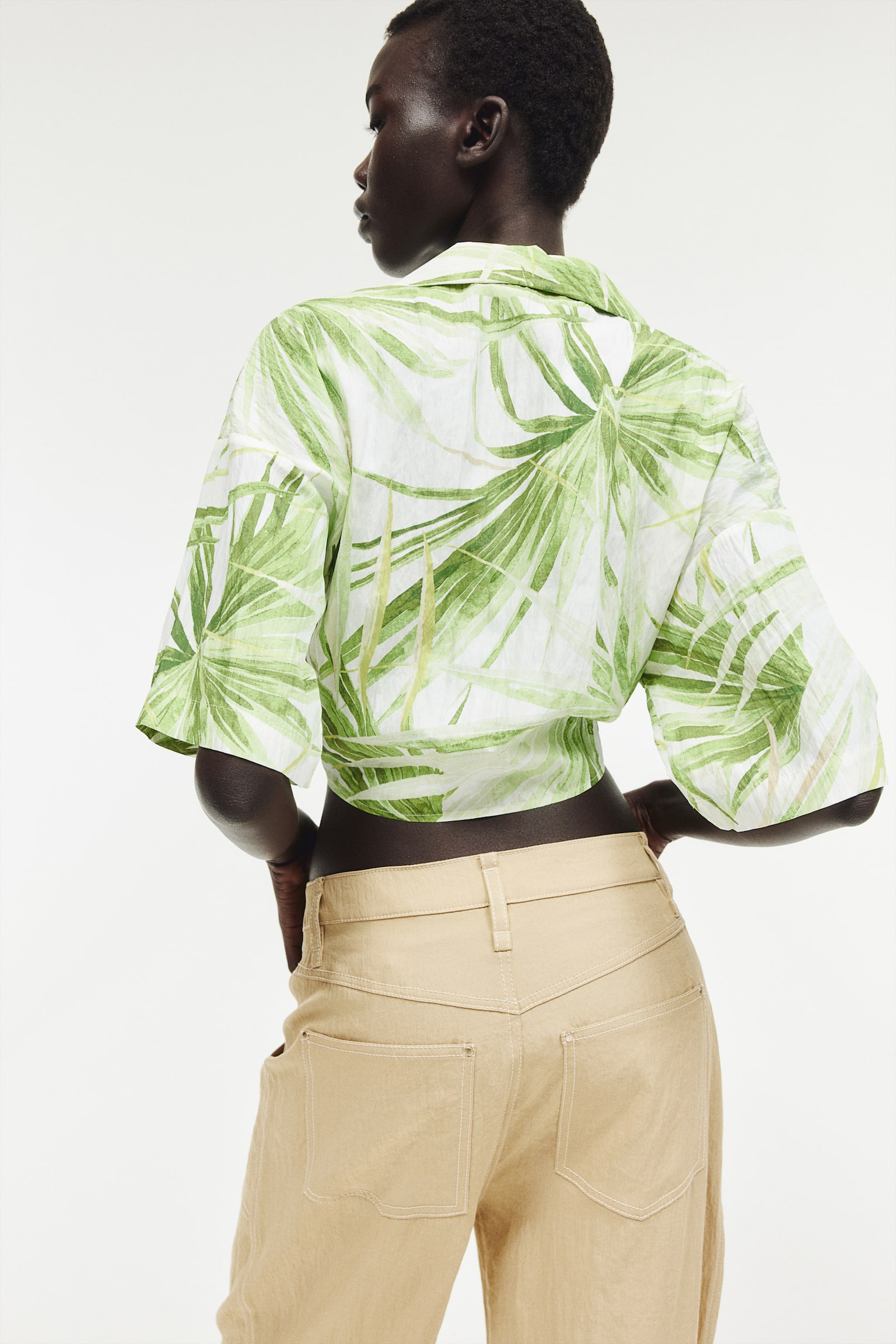 Tie Detail Blouse - White/Palm leaves/Cream/Bright blue/Black/Pattern - 3