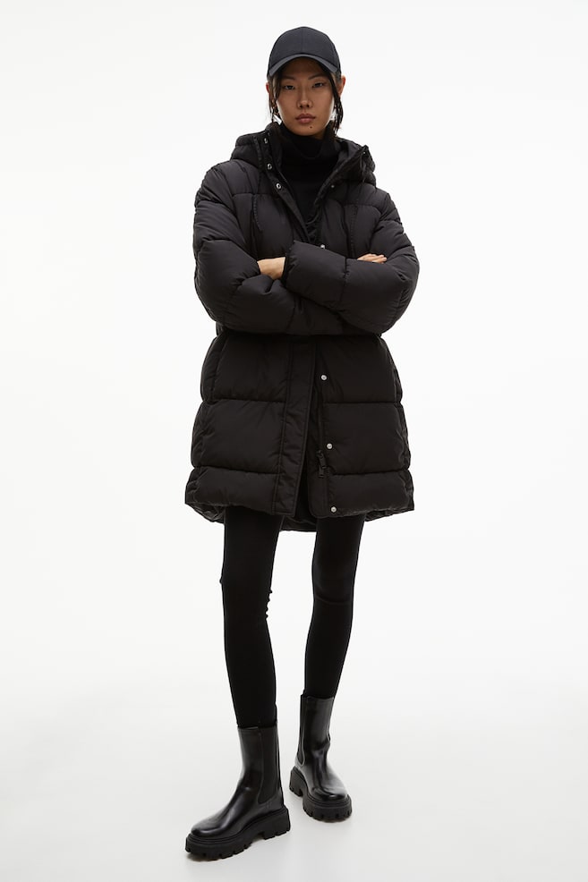Hooded puffer coat - Black/Black - 1