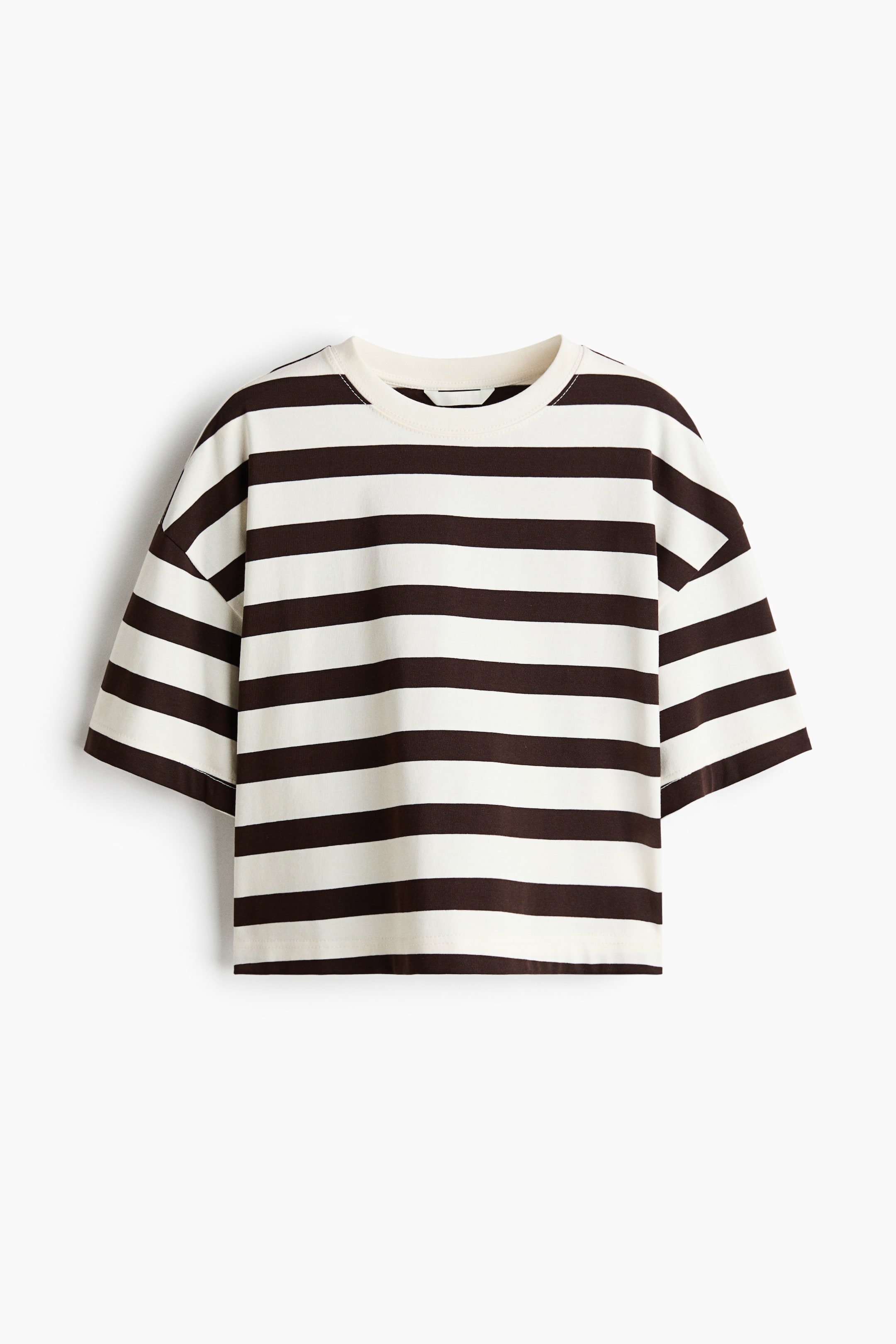 View larger image: A boxy-style T-shirt crafted from soft cotton jersey offers a loose fit from the front. It features white and dark brown horizontal stripes, a crew neck, dropped shoulders, elbow-length sleeves, and a straight-cut hem.
