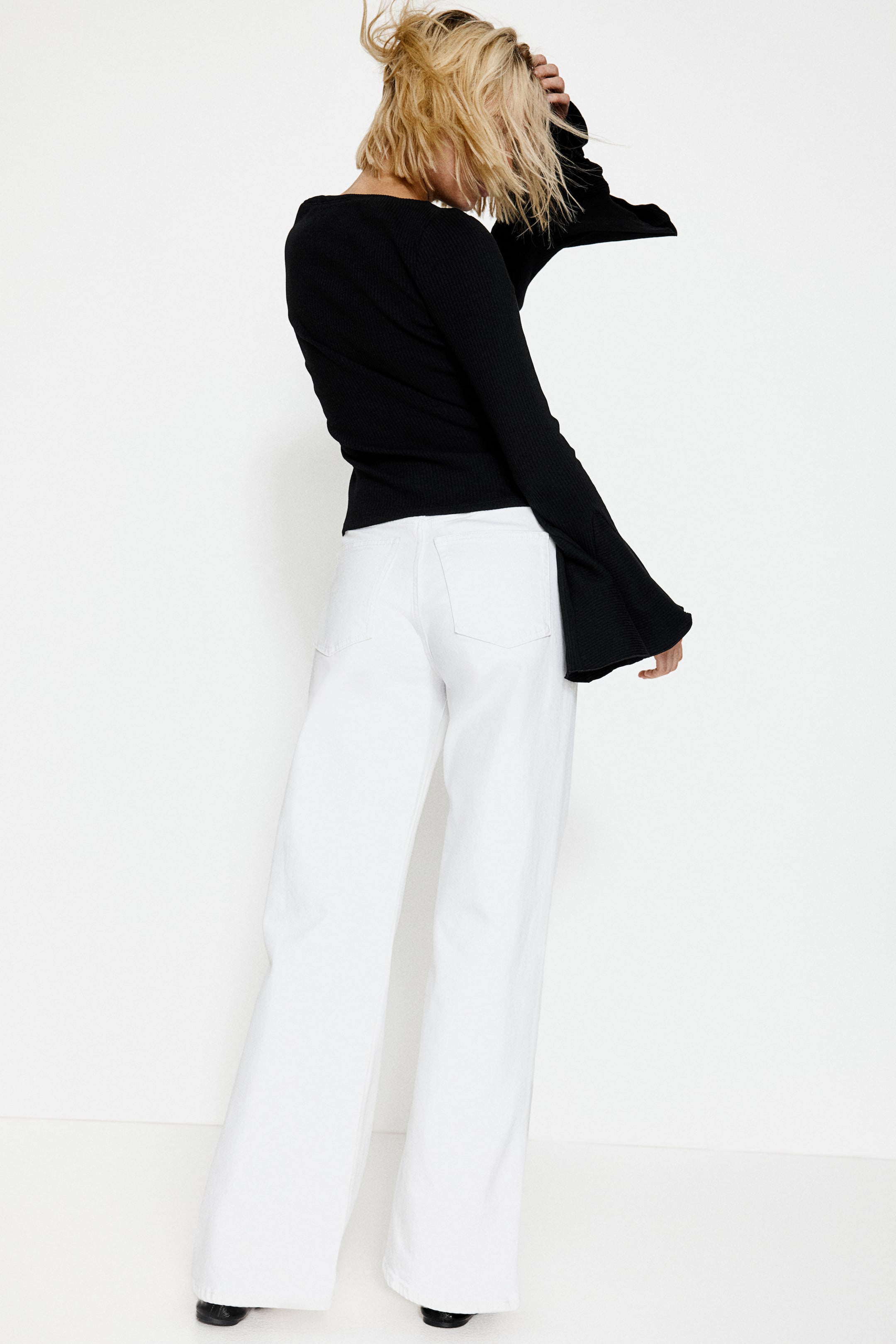 Trumpet-Sleeved Ribbed Top