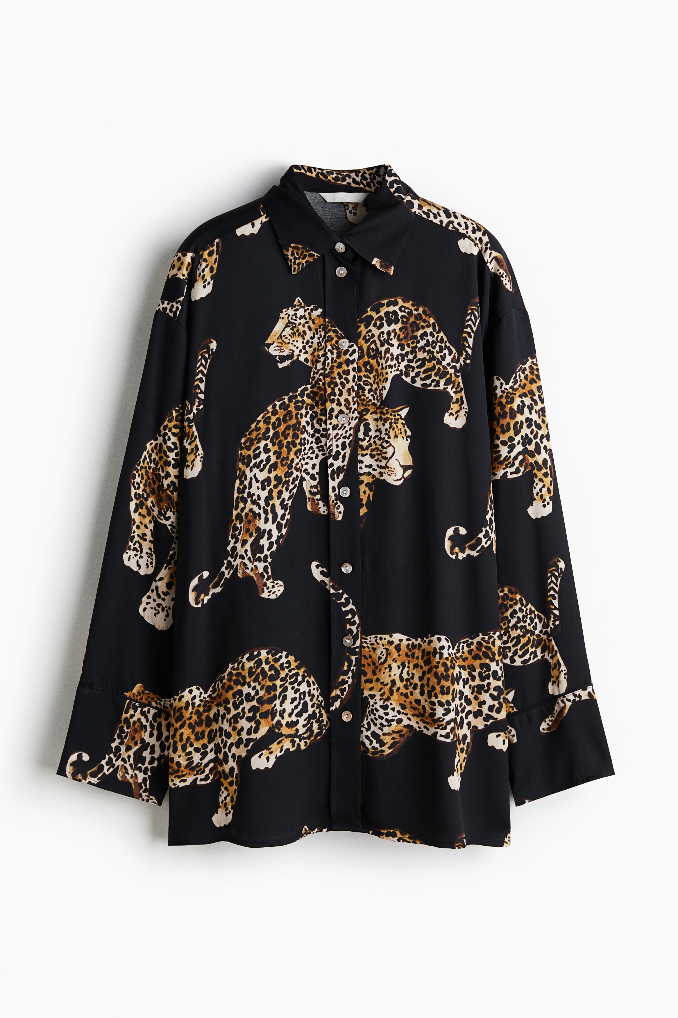 Oversized Satin Shirt - Black/Leopards