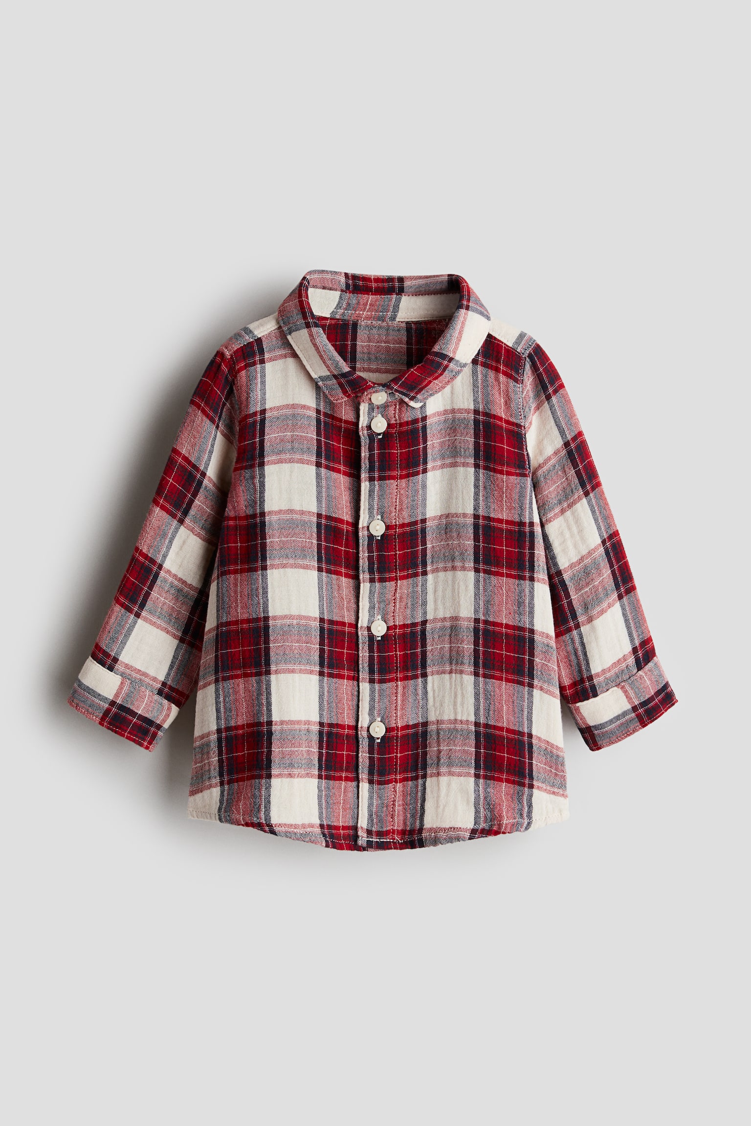 Cotton muslin shirt - Red/Checked/White/Fir trees - 1