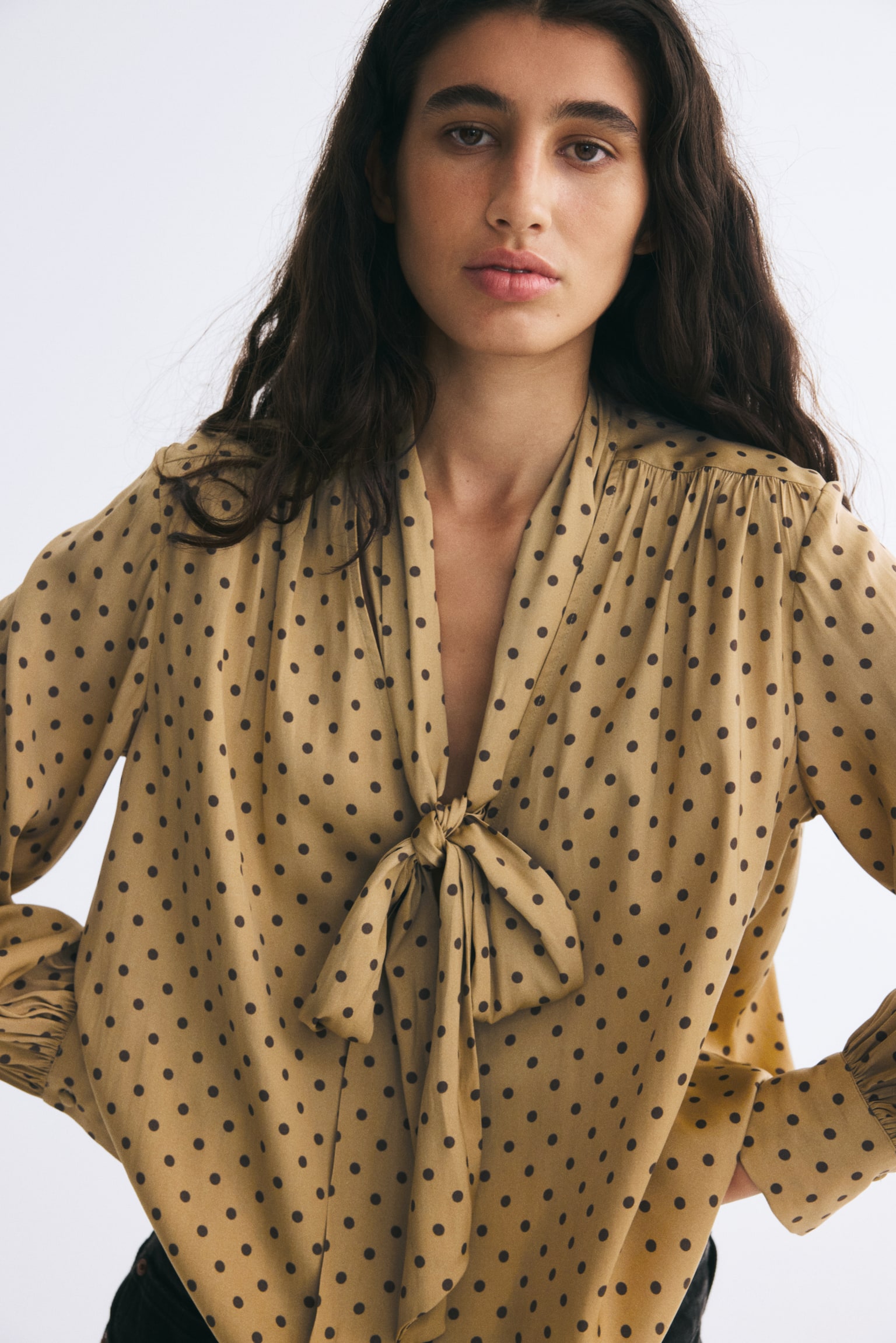 Женская блузка H&M Oversized Scarf-Collar Blouse, цвет: Бежевый / В горошек — фото 4