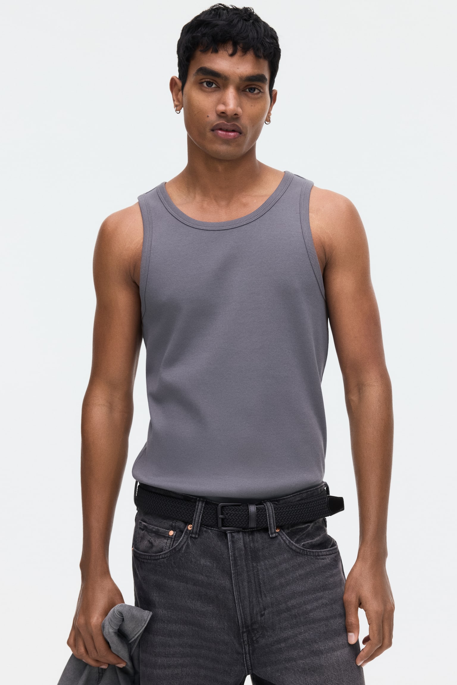 Slim Fit Ribbed vest top - Dark grey/White/Light grey marl/Black - 1