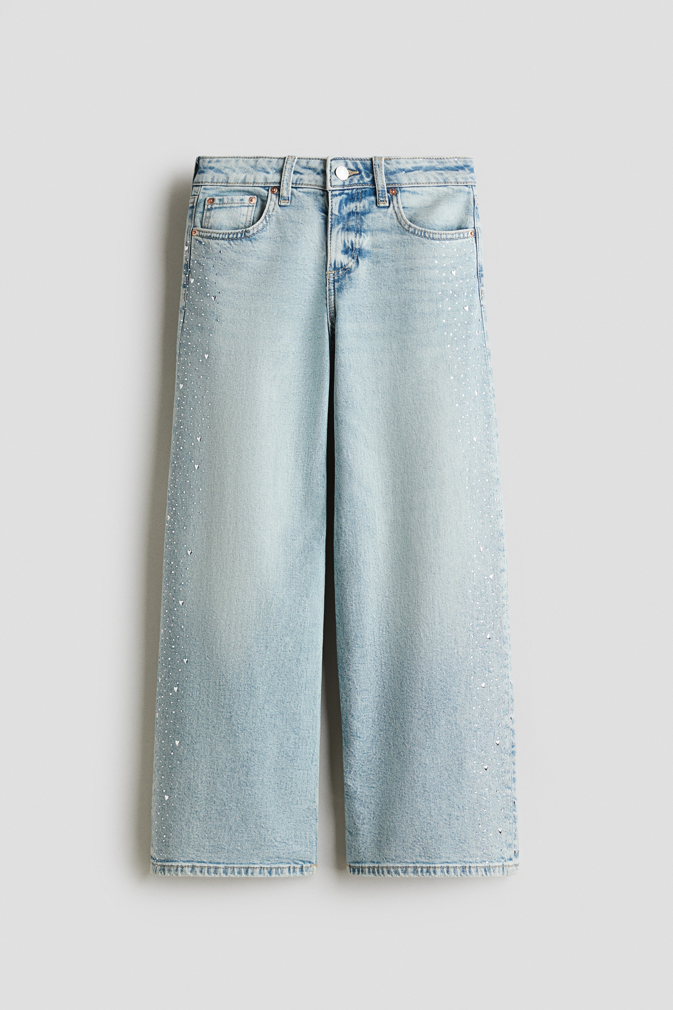 Relaxed Wide Leg Jeans - Light denim blue/Light grey/Rhinestones