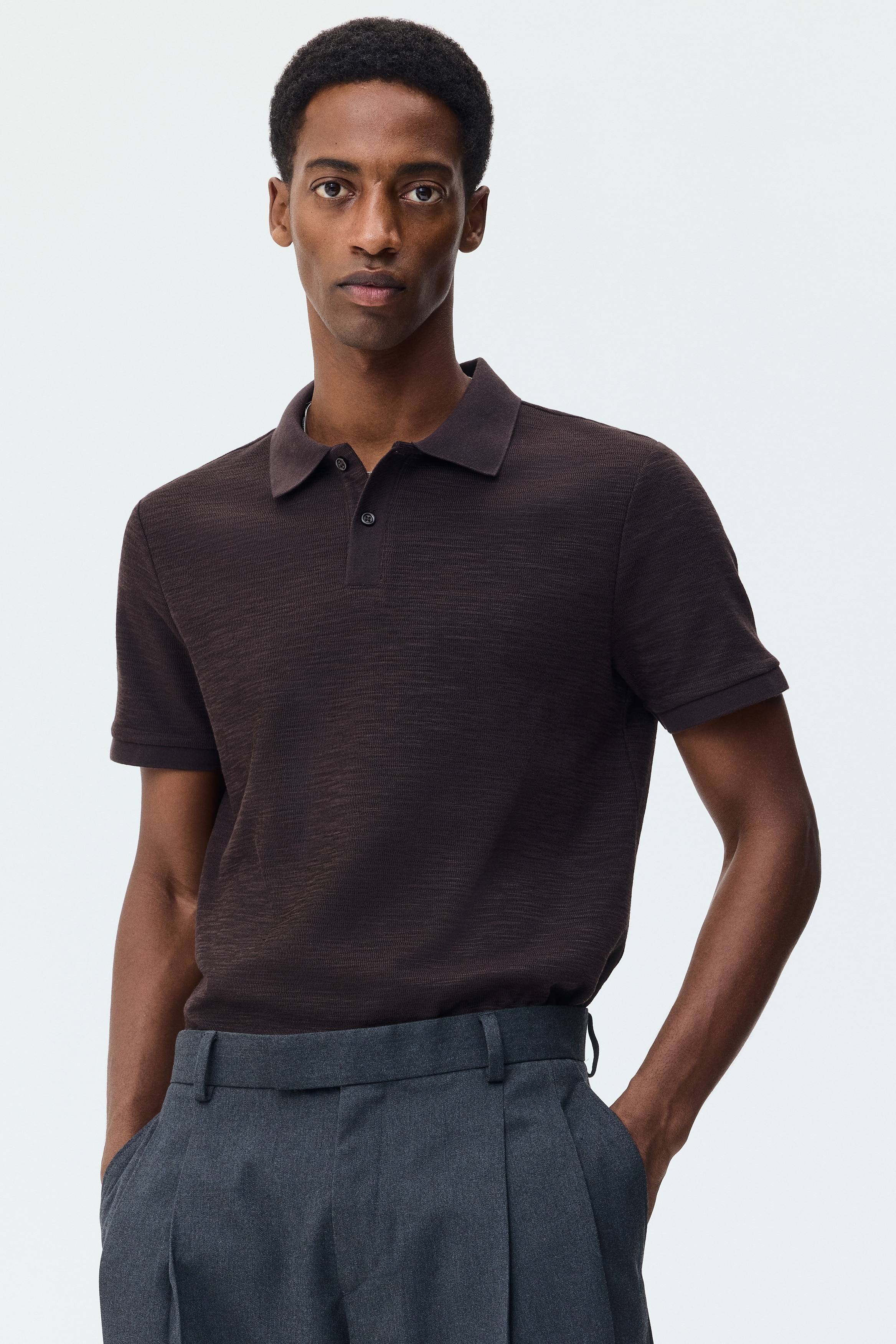 Button Down Knit Polo Mサイズ Men's Dark brown Slim-Fit Jacquard-Knit Polo Shirt | H&M CA
