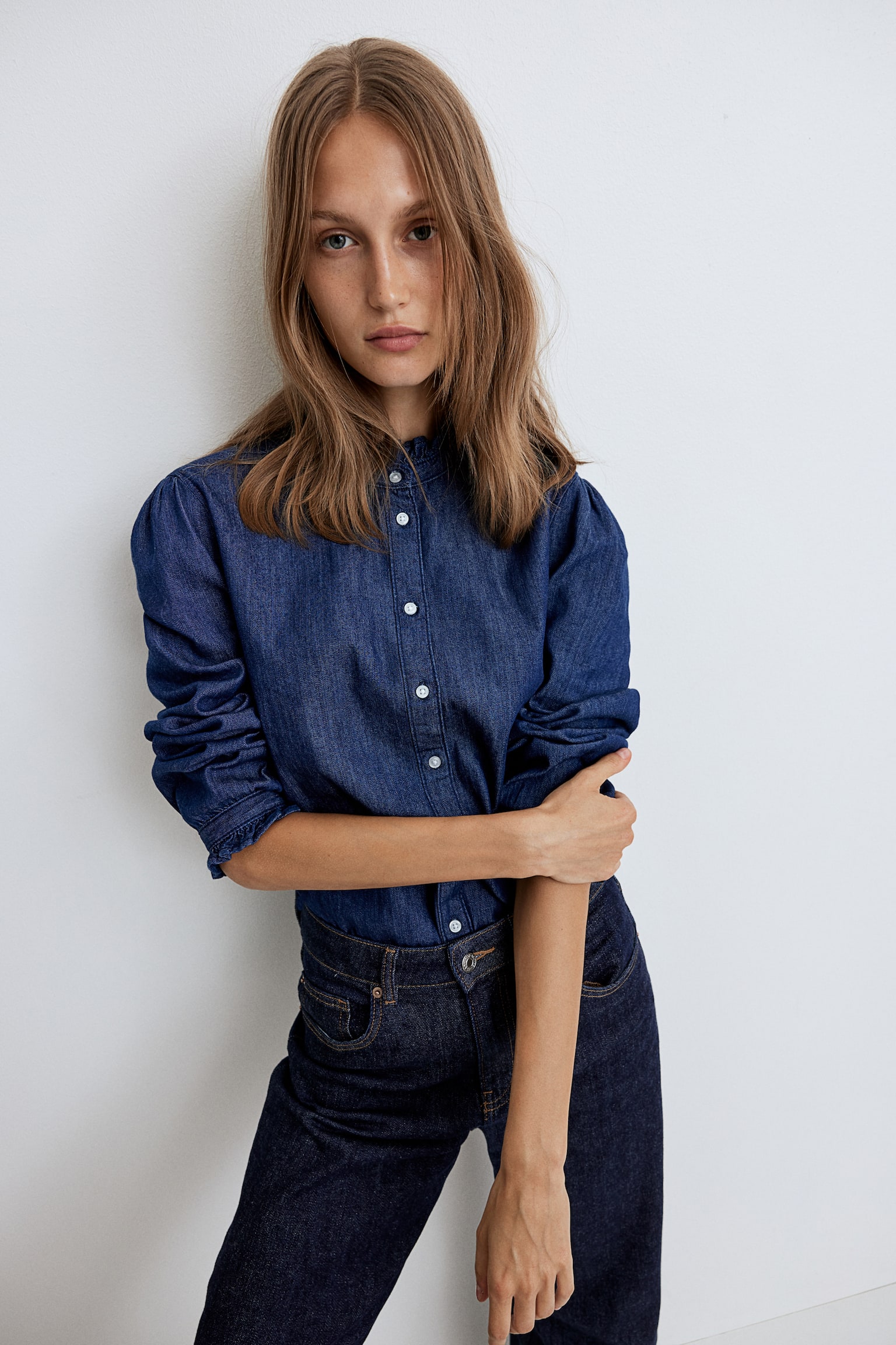 Frill-trimmed denim blouse - Dark denim blue/Light denim blue - 3