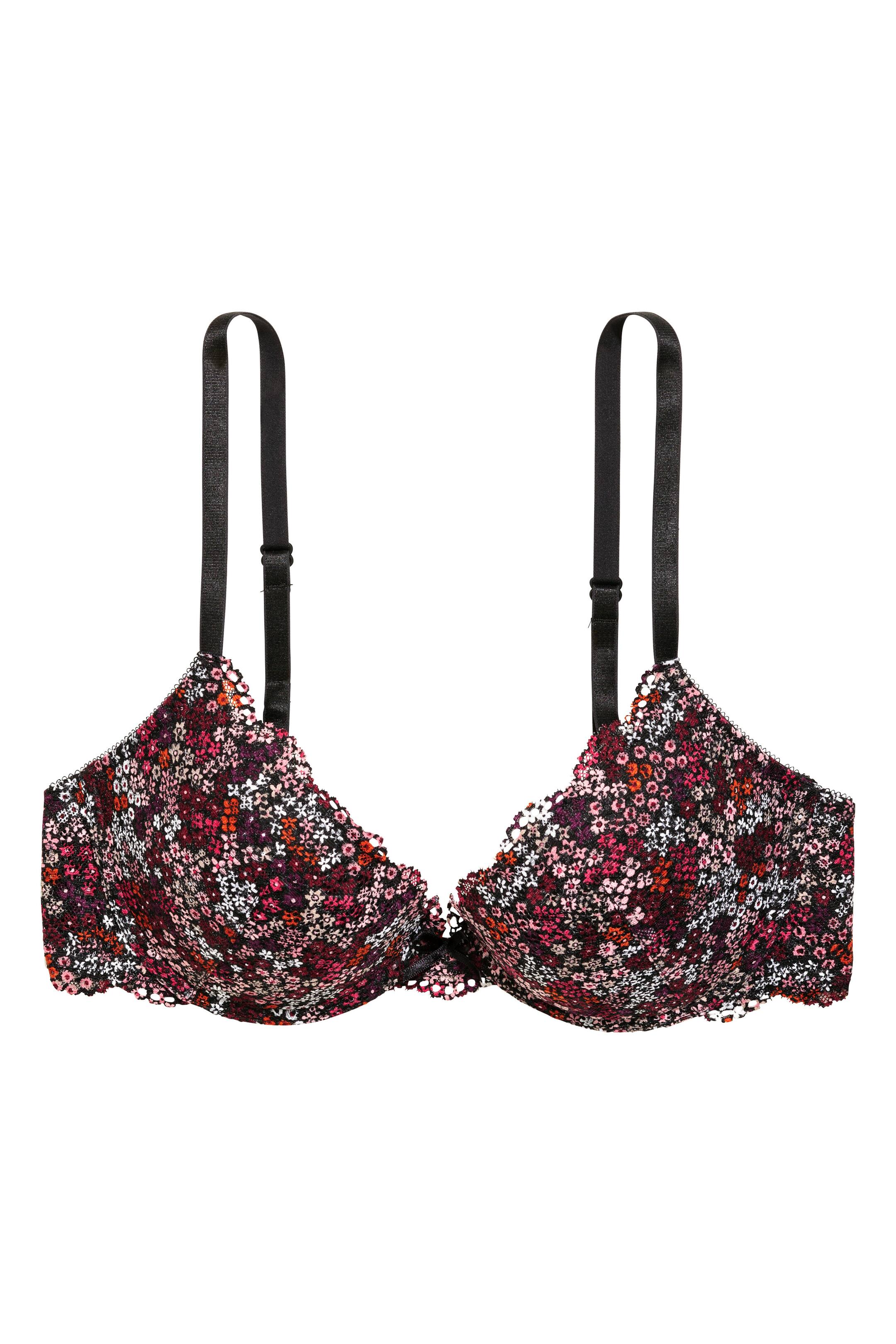Ver imagem maior: Sutiã push-up em renda - Preto/Floral vermelho - SENHORA | H&M PT 1