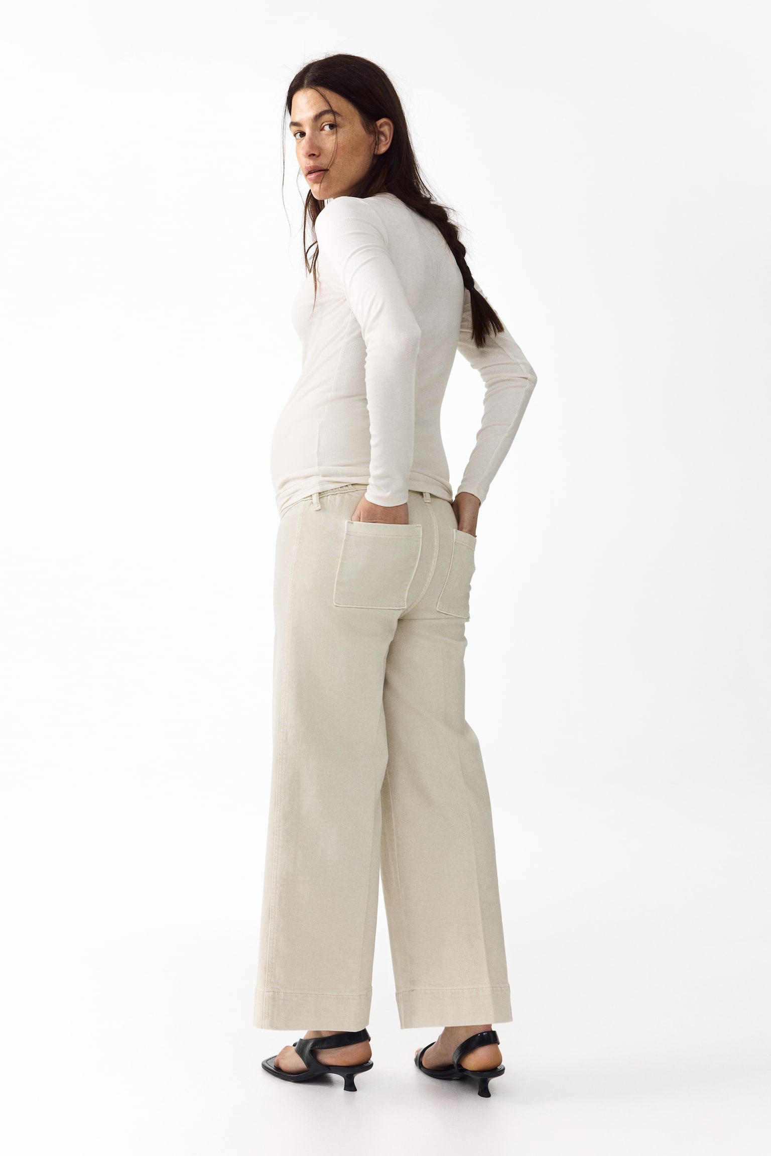 MAMA Wide High Waist Ankle Jeans - Κρεμ/Σκούρο μπλε denim - 3