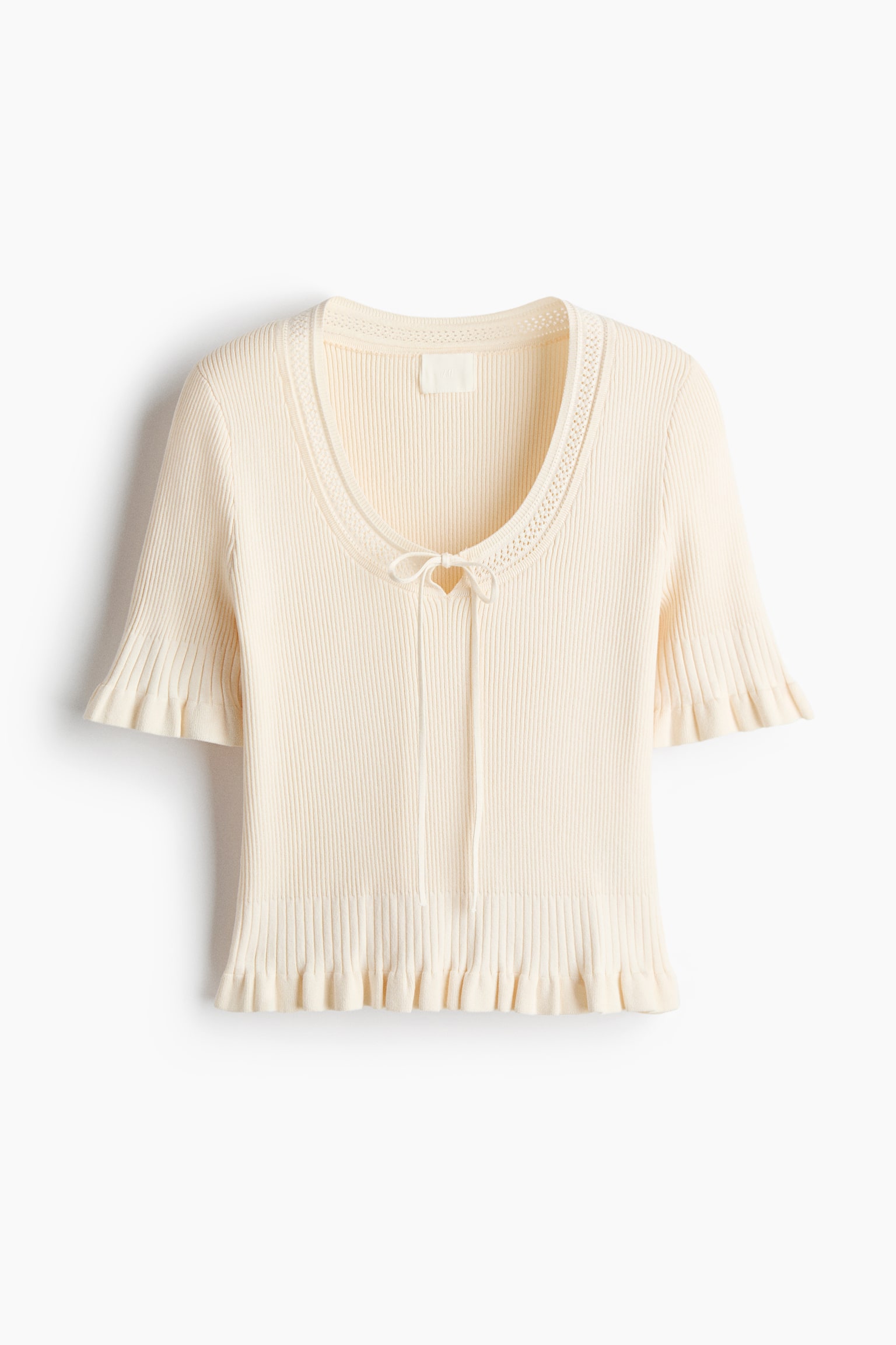 Frill-trimmed rib-knit top - Light beige/Dark brown - 2