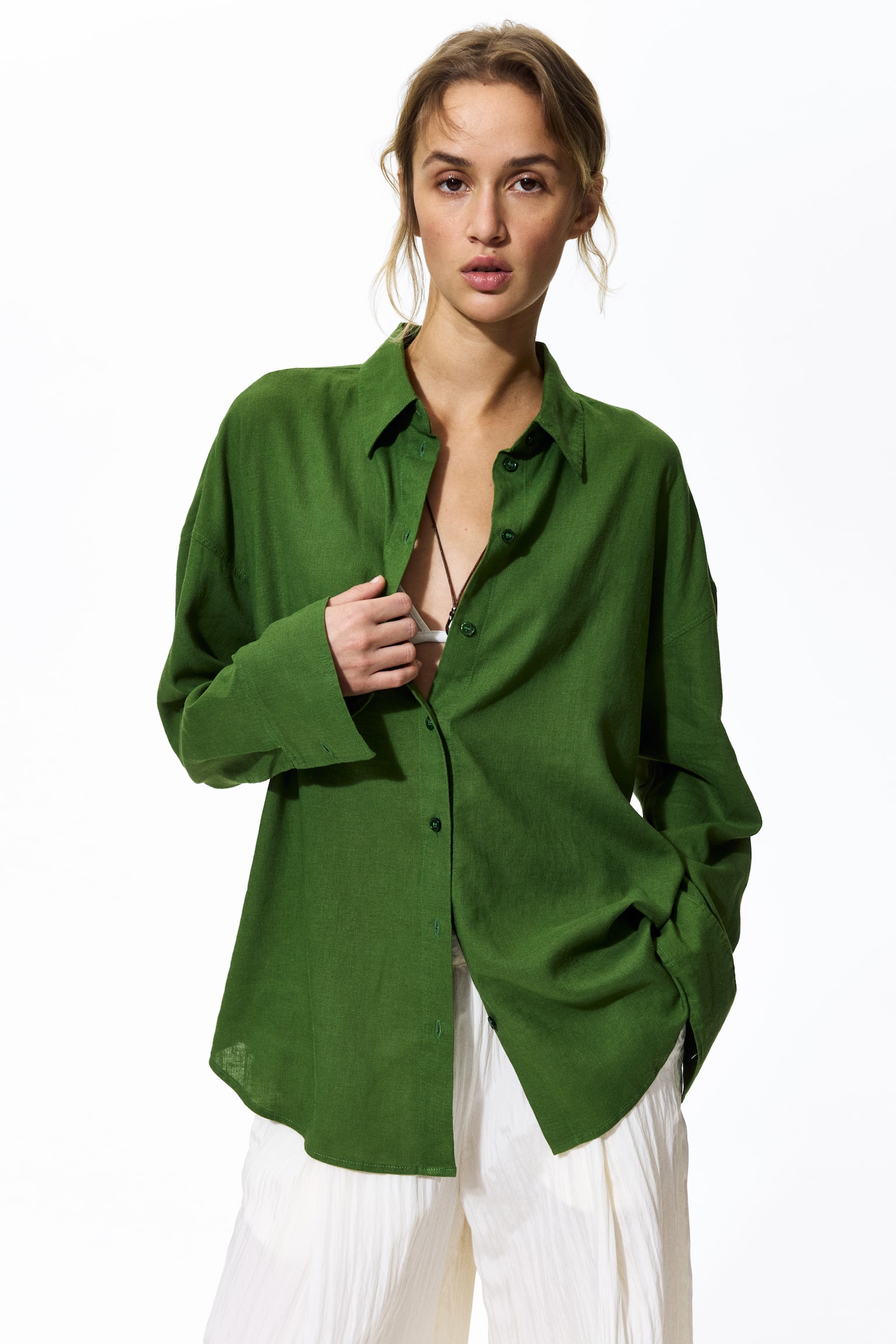 Oversized linen-blend shirt - Green/Light pink/Blue/Blue/Striped - 5