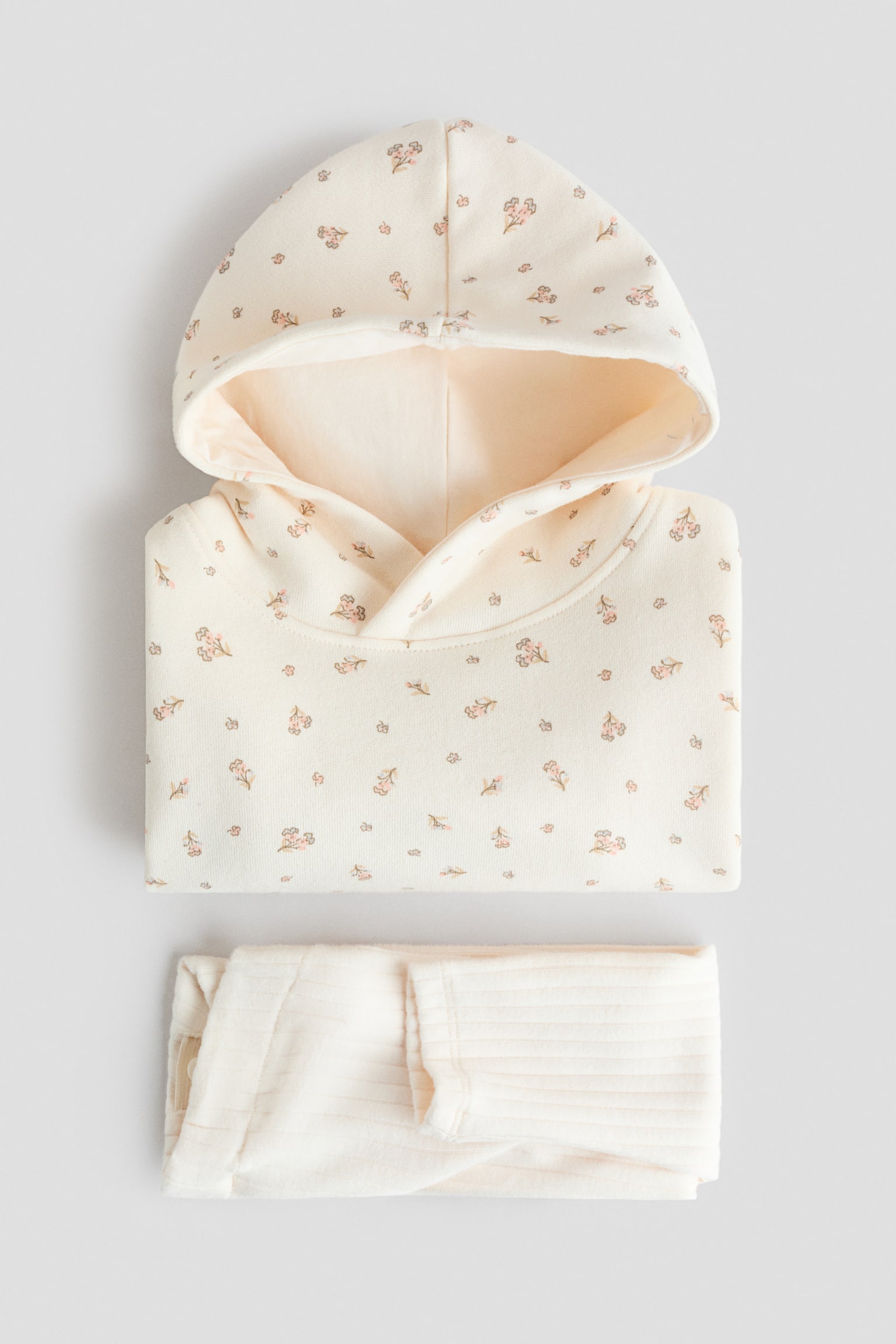 2-delat bomullsset - Crèmevit/Blommig/Ljusgrå/Khakigrön - 2