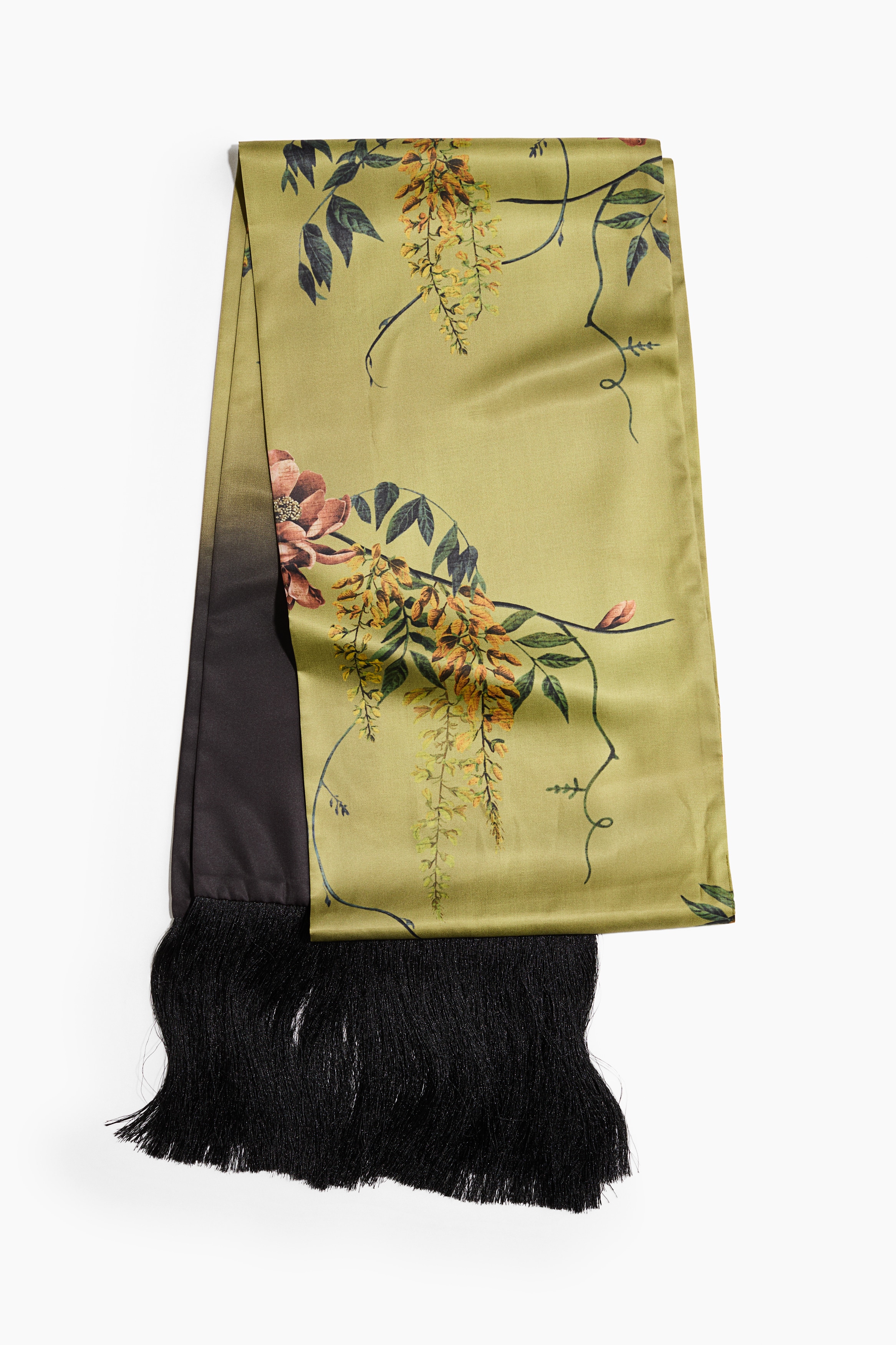 Fringed Satin Scarf - Khaki green/flowers