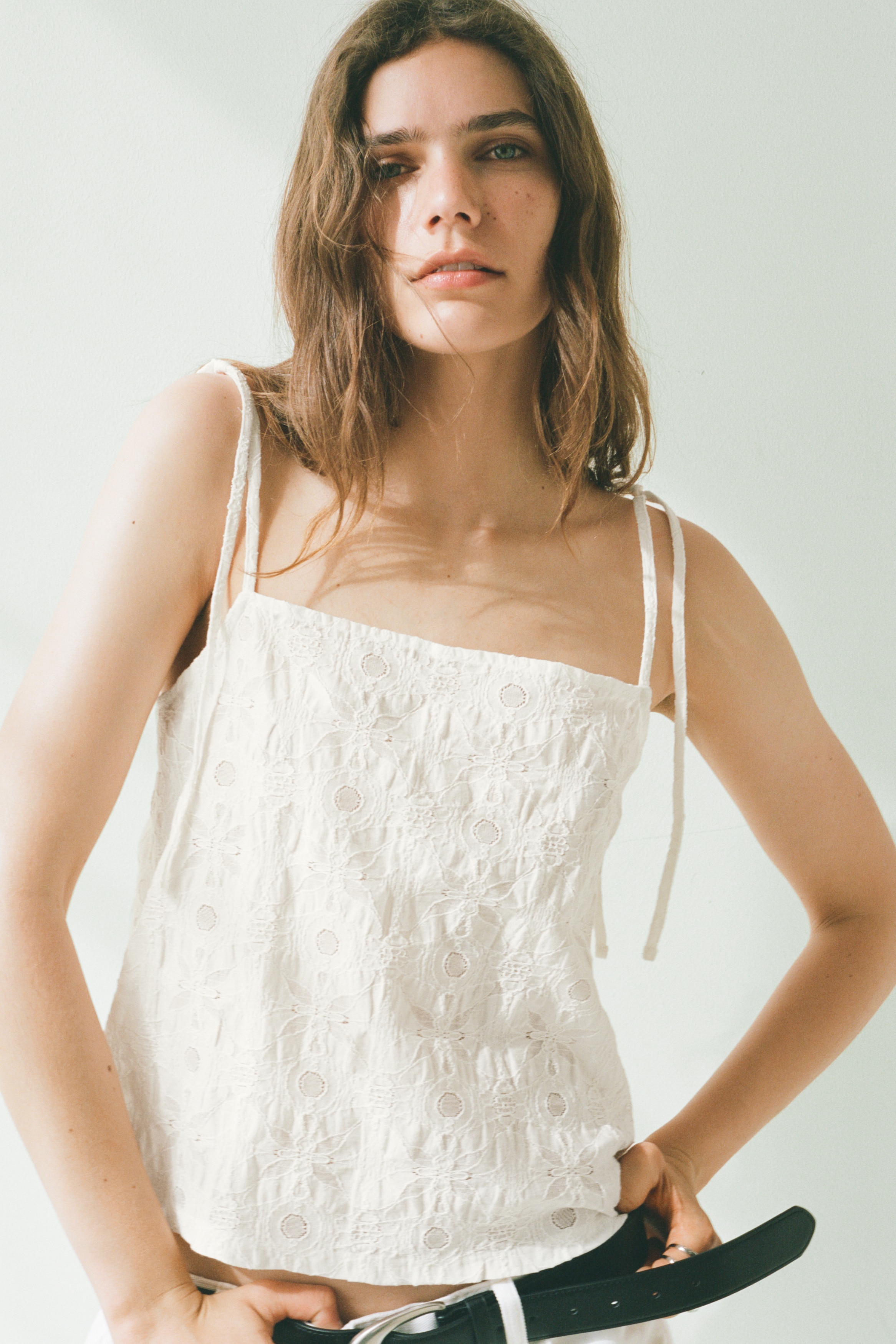 Women's Ivory Jacquard-Weave Tie Shoulder Strap Top | H&M US