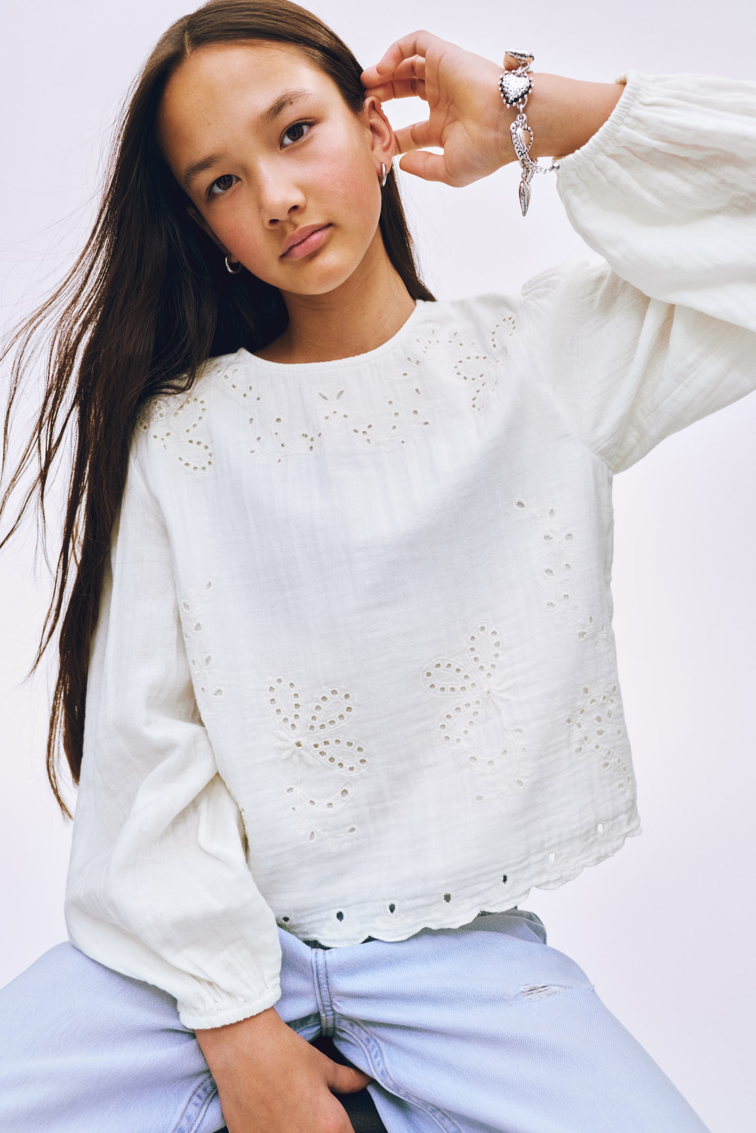 Broderie anglaise muslin blouse - White/Dark grey - 2