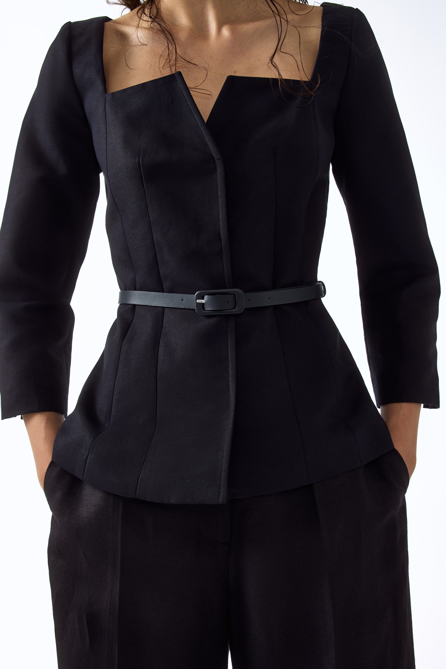 Square-neck cotton blazer - Black - 4