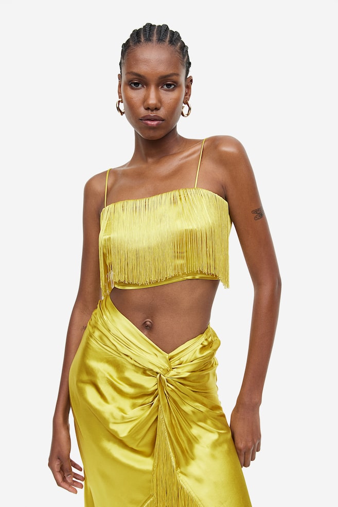 Fringed satin cropped top - Yellow - 1