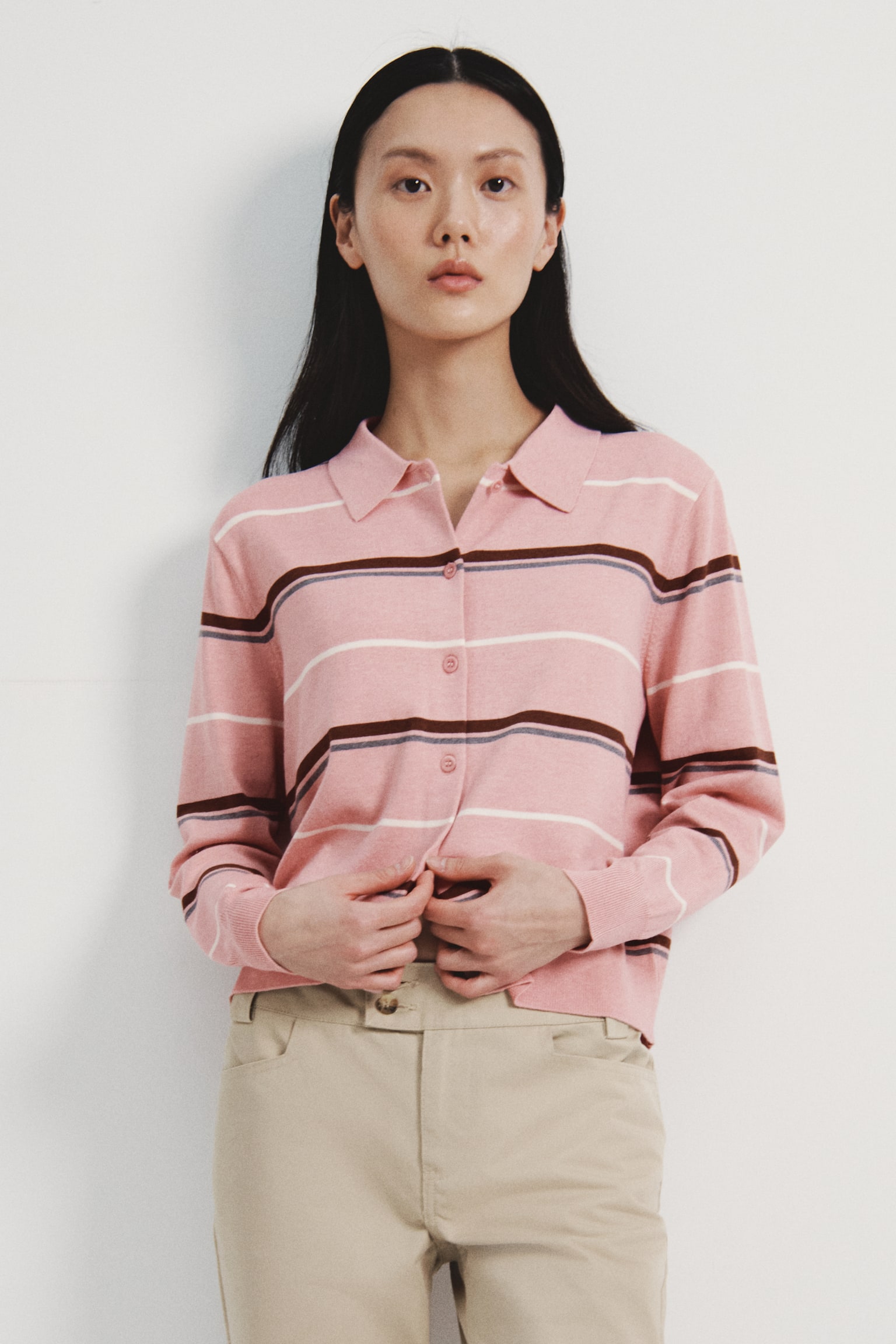 칼라 가디건 - 핑크 멜란지/스트라이프/그레이 멜란지/아가일 패턴 - 6