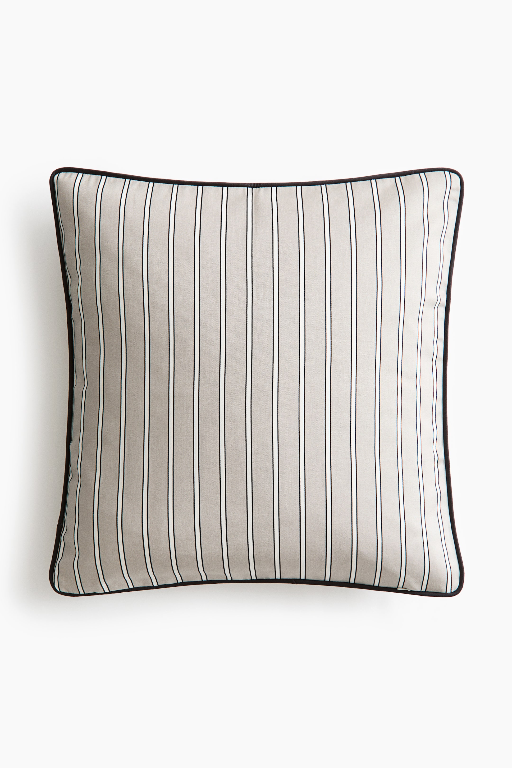 View larger image: The cushion is square-shaped, showcasing a subtle light grey fabric adorned with vertical stripes featuring alternating slender black and white lines. The edges of the cushion are elegantly defined by black piping.