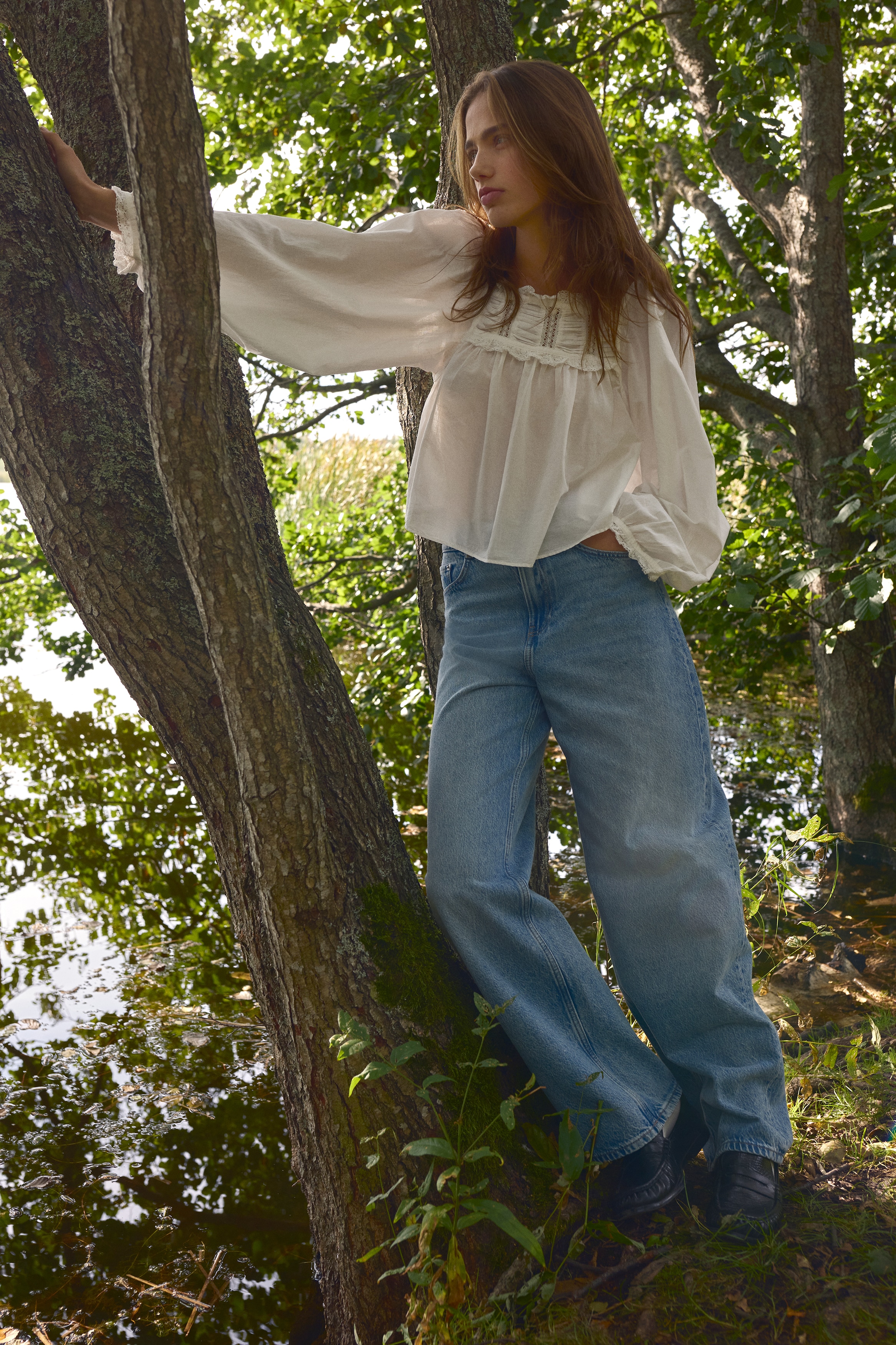 Lace-trimmed cotton blouse