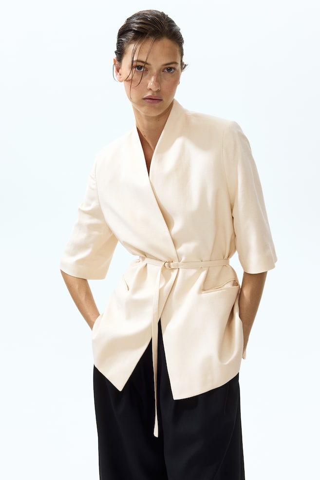 Short-sleeved linen-blend blazer-Light beige - 4