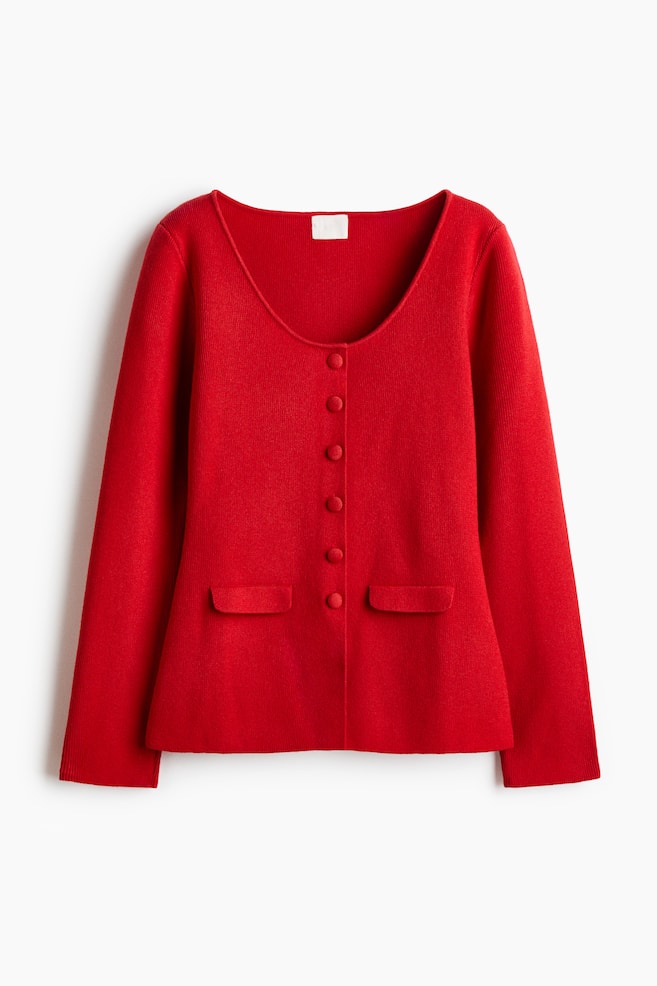 Scoop-neck rib-knit cardigan - Red/Black - 1