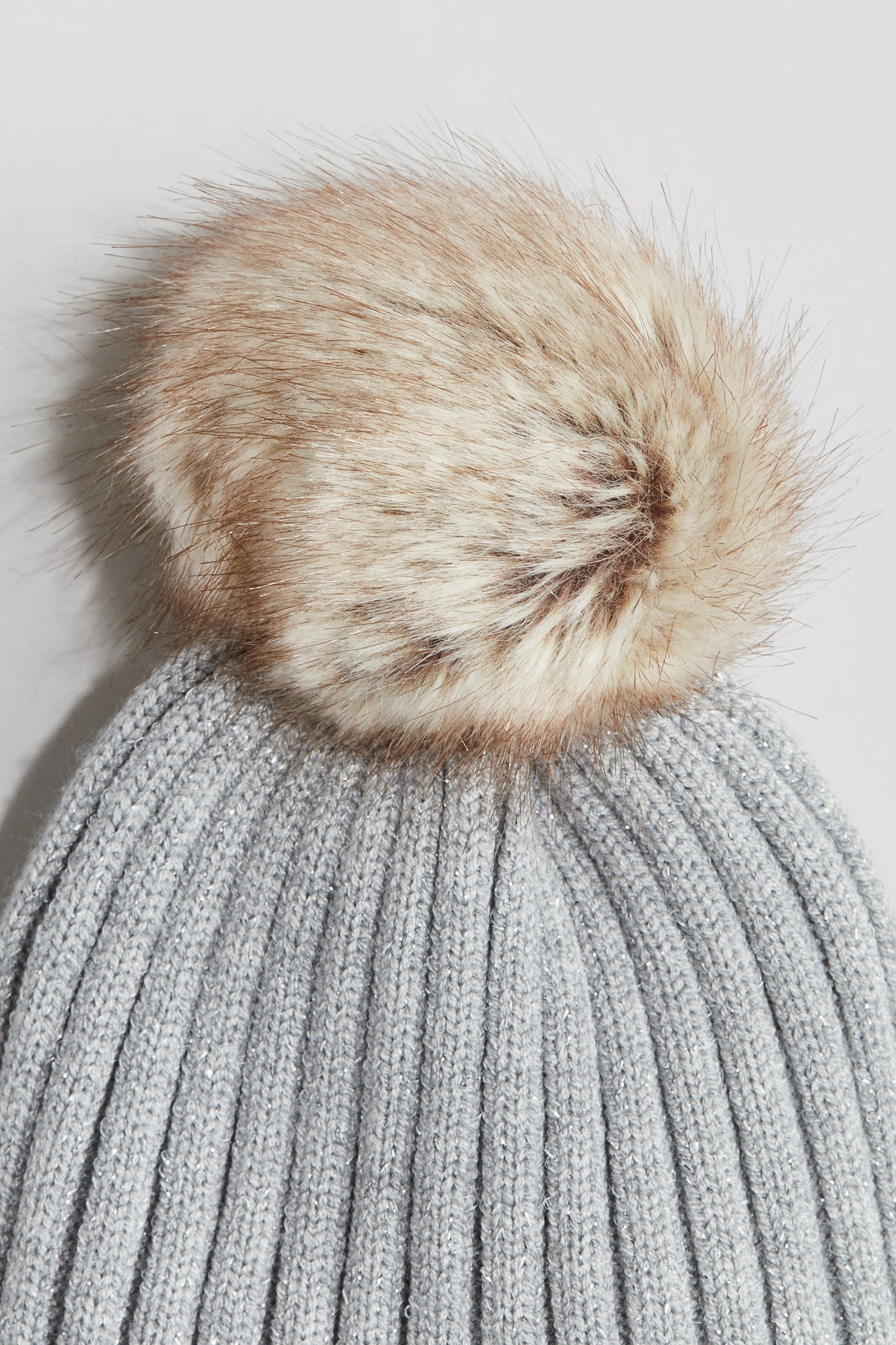 Gorro em malha canelada com pompom - Cinzento claro/Creme/Bege claro - 4