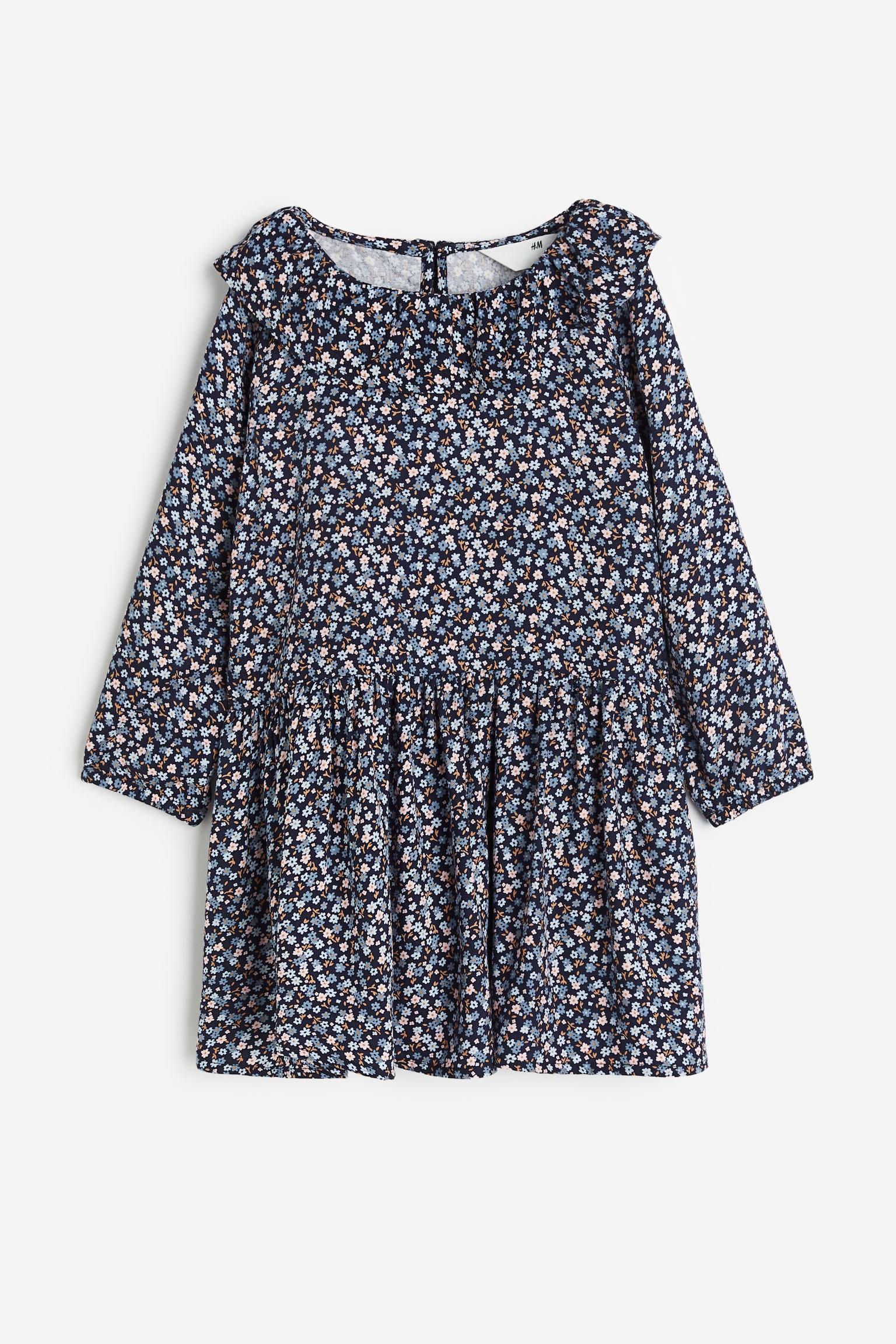 Flounce-trimmed dress - Dark blue/Small flowers - 1