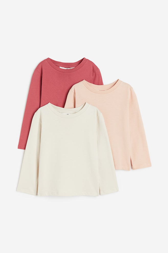3-pack long-sleeved cotton tops - Apricot/Pink/Light greige/Red/Dark blue - 1