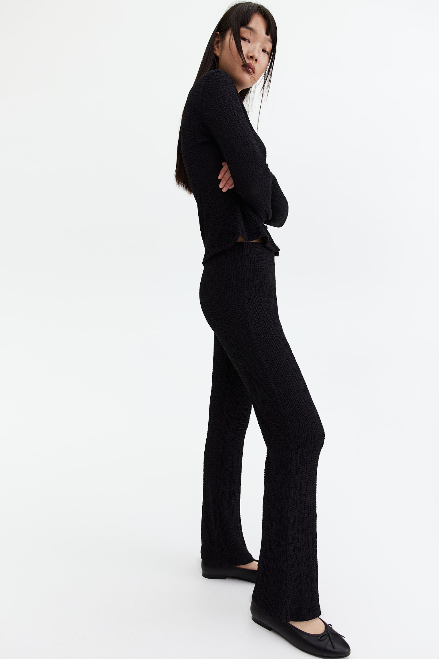 Flared textured trousers - Black/Cream - 3