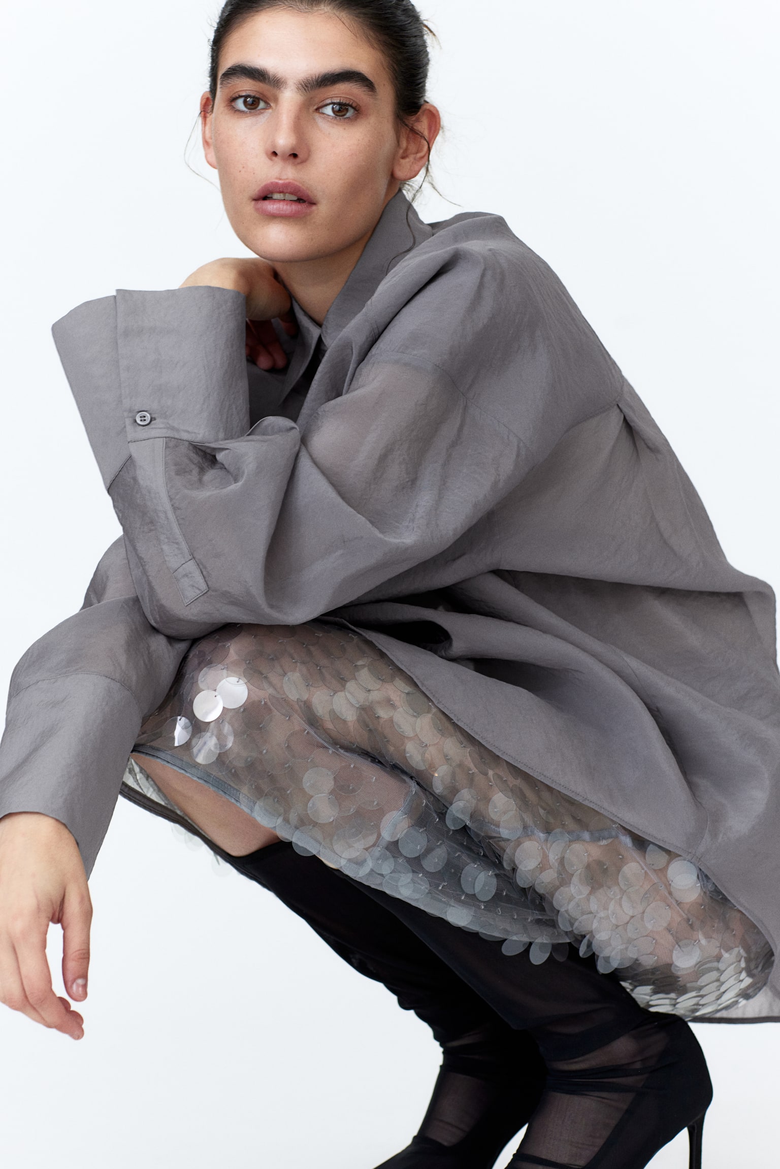 Oversized organza shirt - Grey - 1