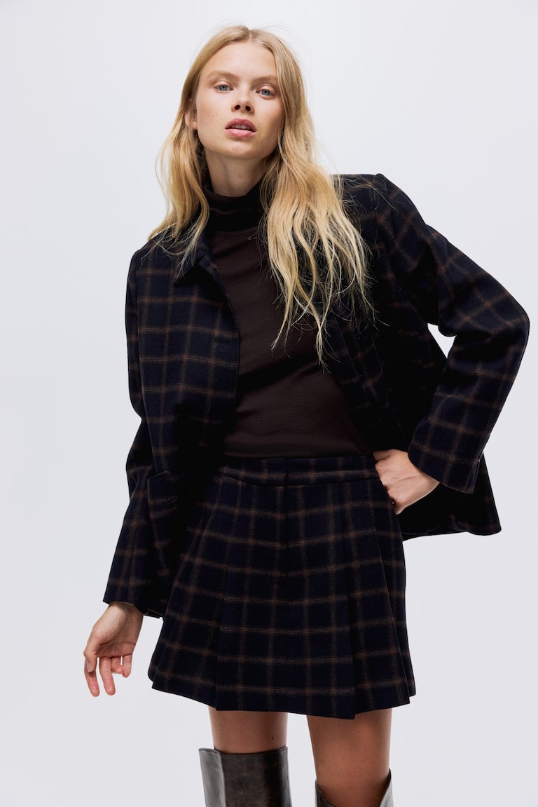 Pleated Wool-Blend Skort Navy blue/plaid Ladies H&M US