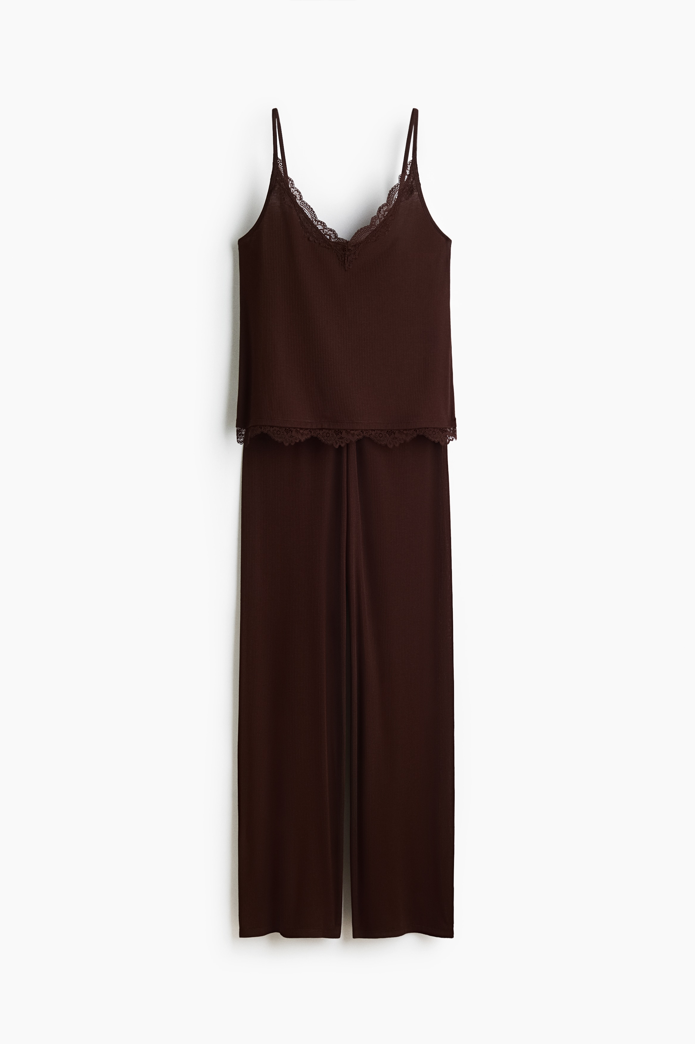 Dantel Şeritli ve Ribanalı Pijama Takımı - Koyu kahverengi