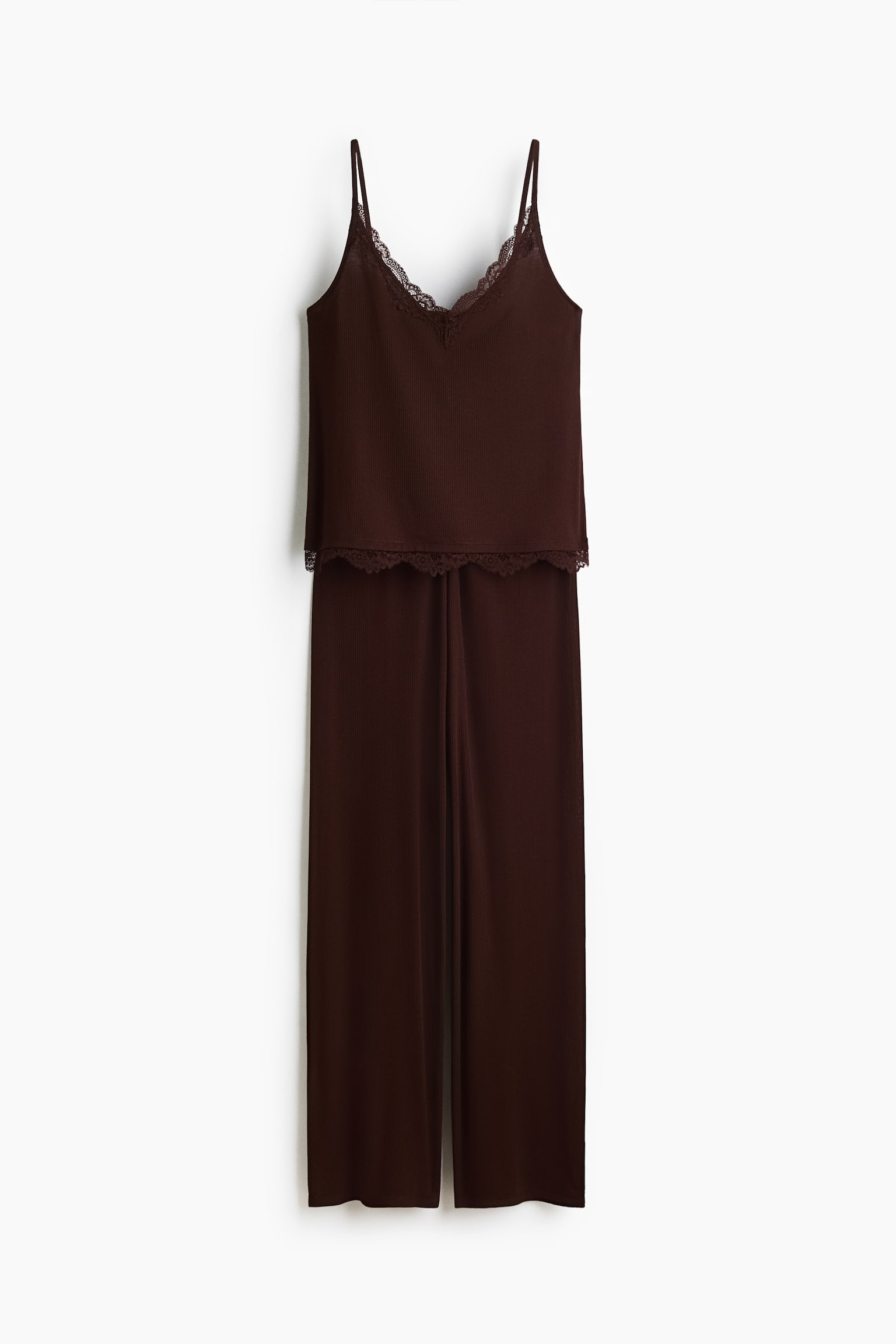 Lace Trim Rib Pyjama Set - Dark brown/Black - 1