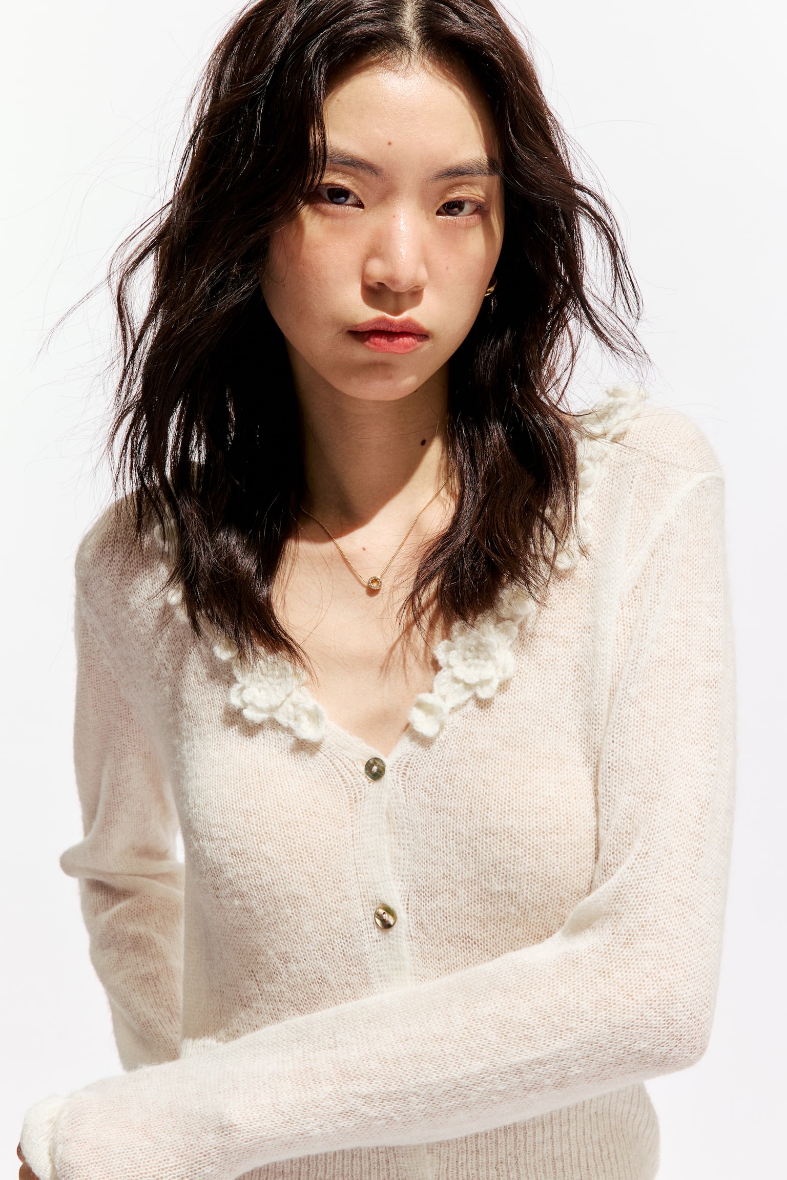 아플리케 가디건 - 화이트 - 1