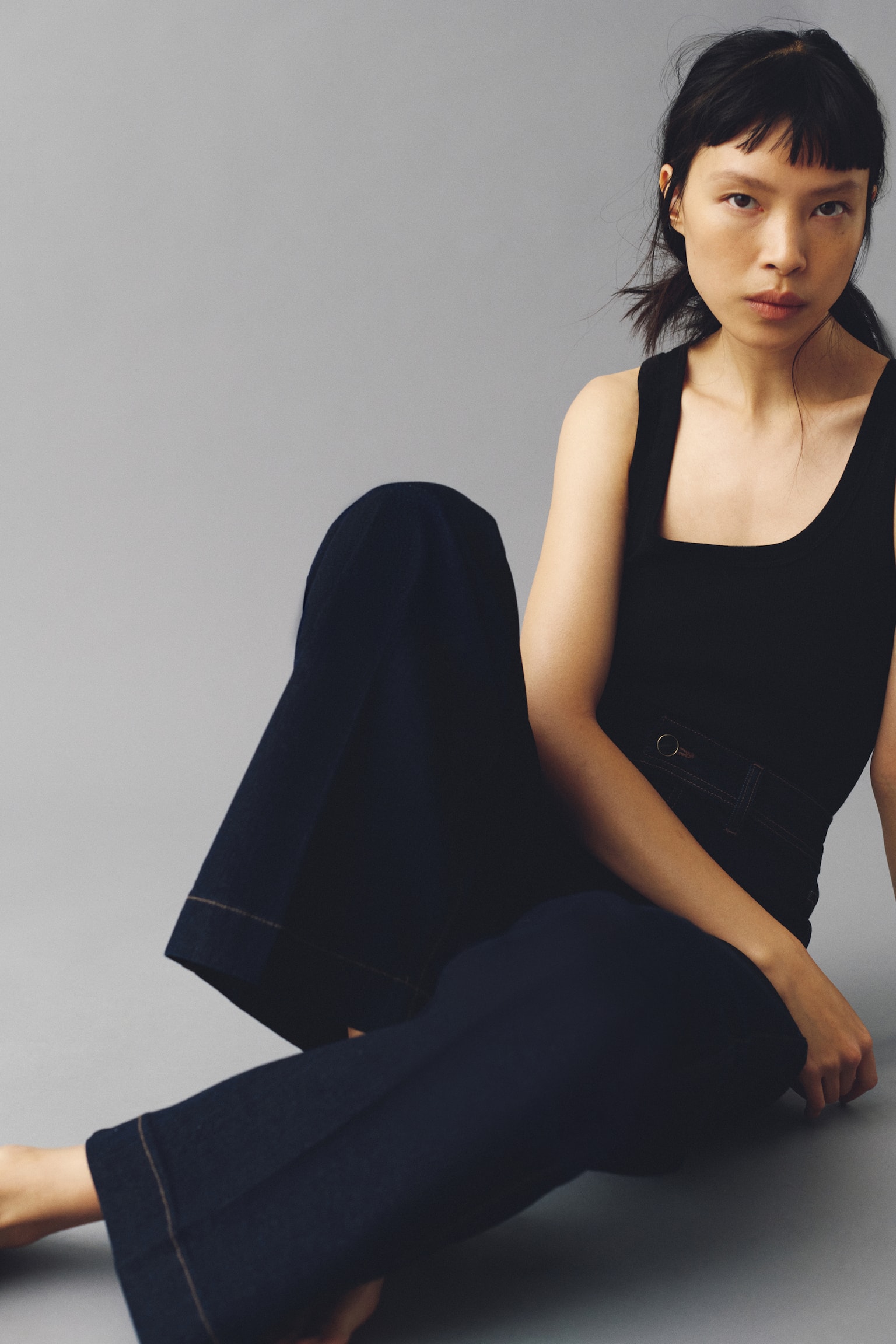 Wide High Jeans - כחול ג'ינס כהה/בז' בהיר - 5