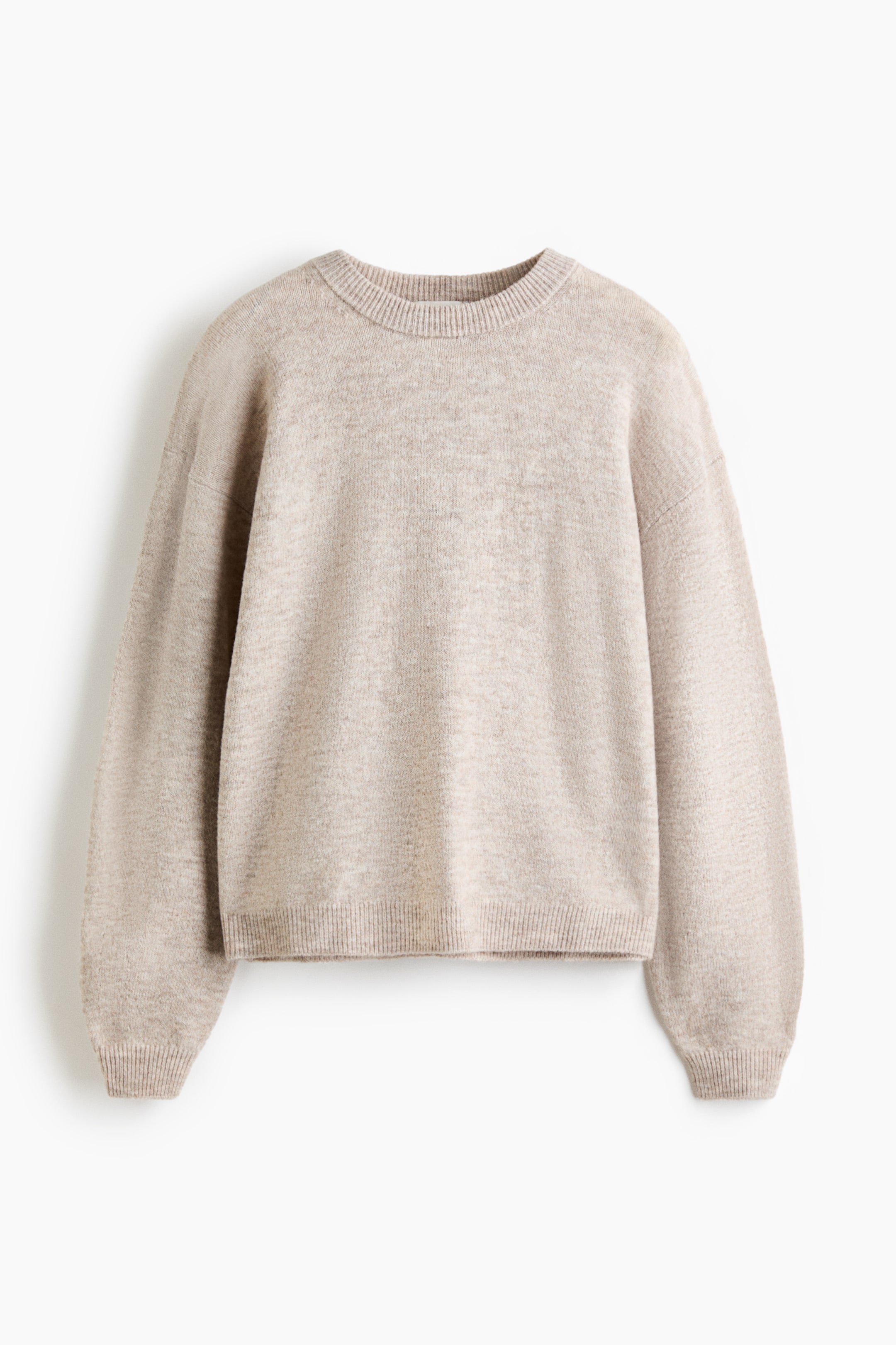 View larger image: The jumper showcases a light beige, heathered knit texture and a front-facing design. It features a crew neck, relaxed fit, long raglan sleeves with ribbed cuffs, and a ribbed hem.