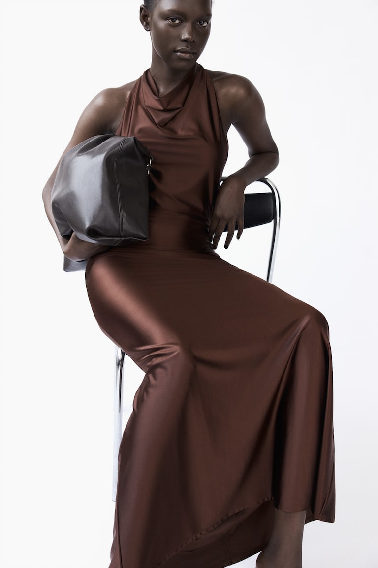 Women's Dark brown Cowl-Neck Maxi Dress | H&M US Women's Dark brown Cowl-Neck Maxi Dress | H&M US