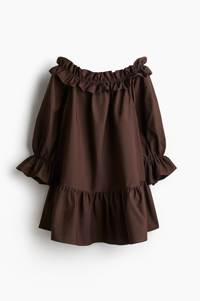 Off-the-shoulder poplin dress - Brown/Navy blue - 1