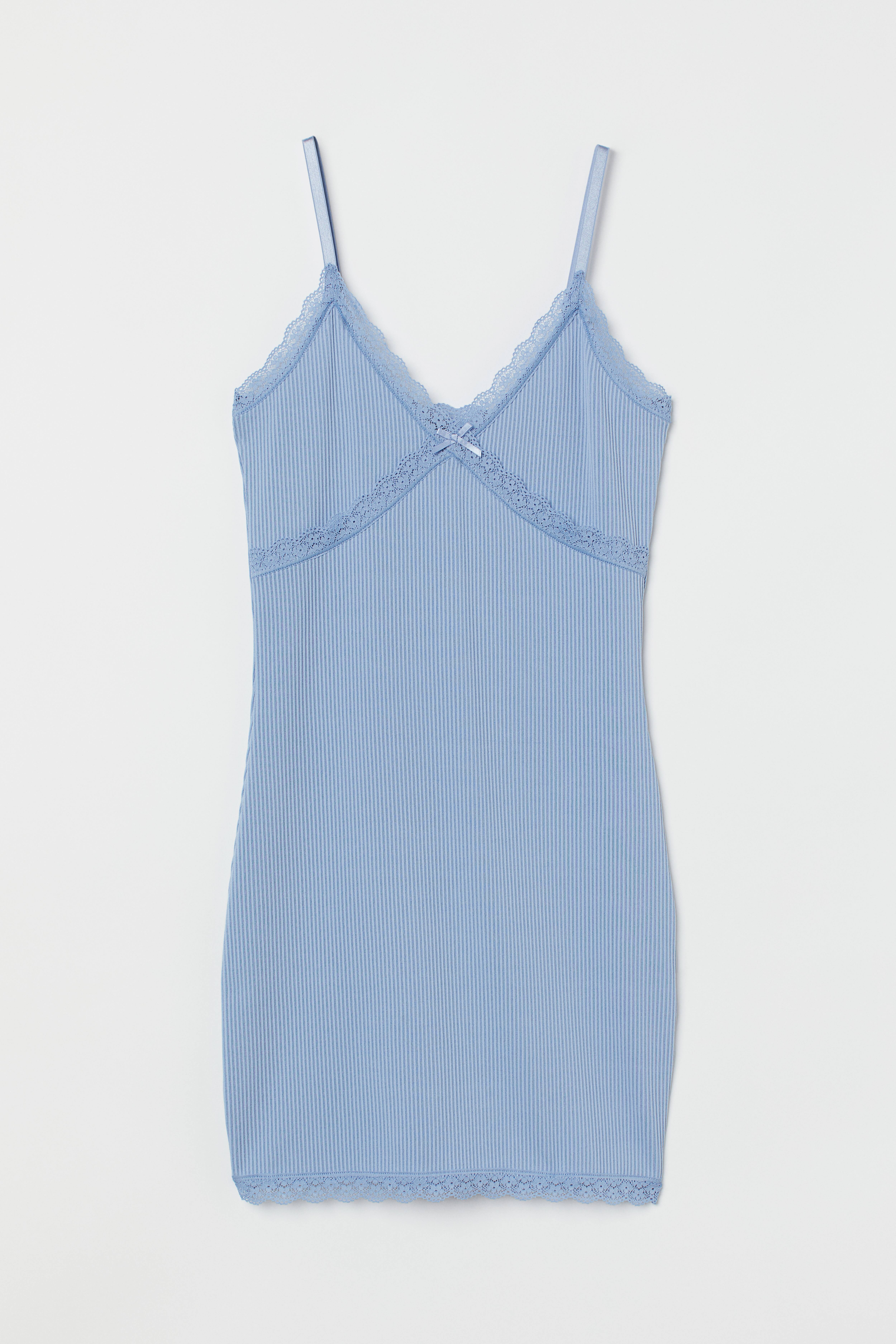 Ribbed Lace-trimmed Dress - V-neck - Sleeveless - Light blue - Ladies | H&M  US